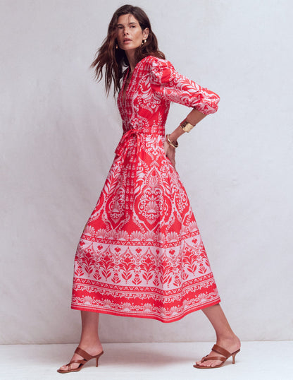 Cary Cotton Midi Dress-Red Ornamental Garden Mono-1