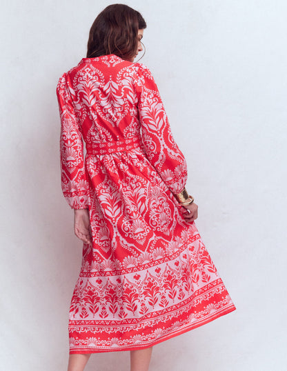Cary Cotton Midi Dress-Red Ornamental Garden Mono-3