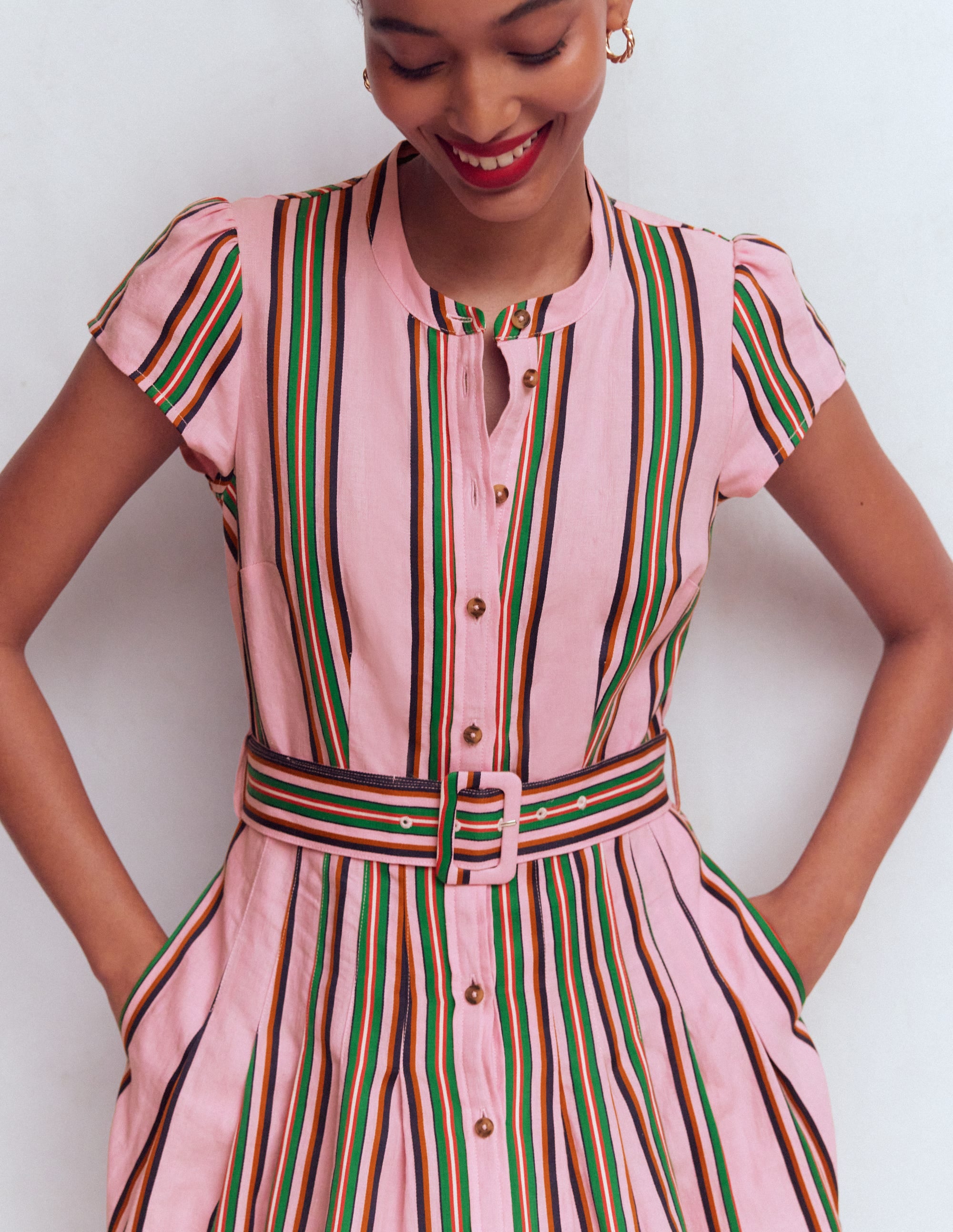 Arabella Linen Blend Dress-Pink, Rich Emerald Stripe - Image 2