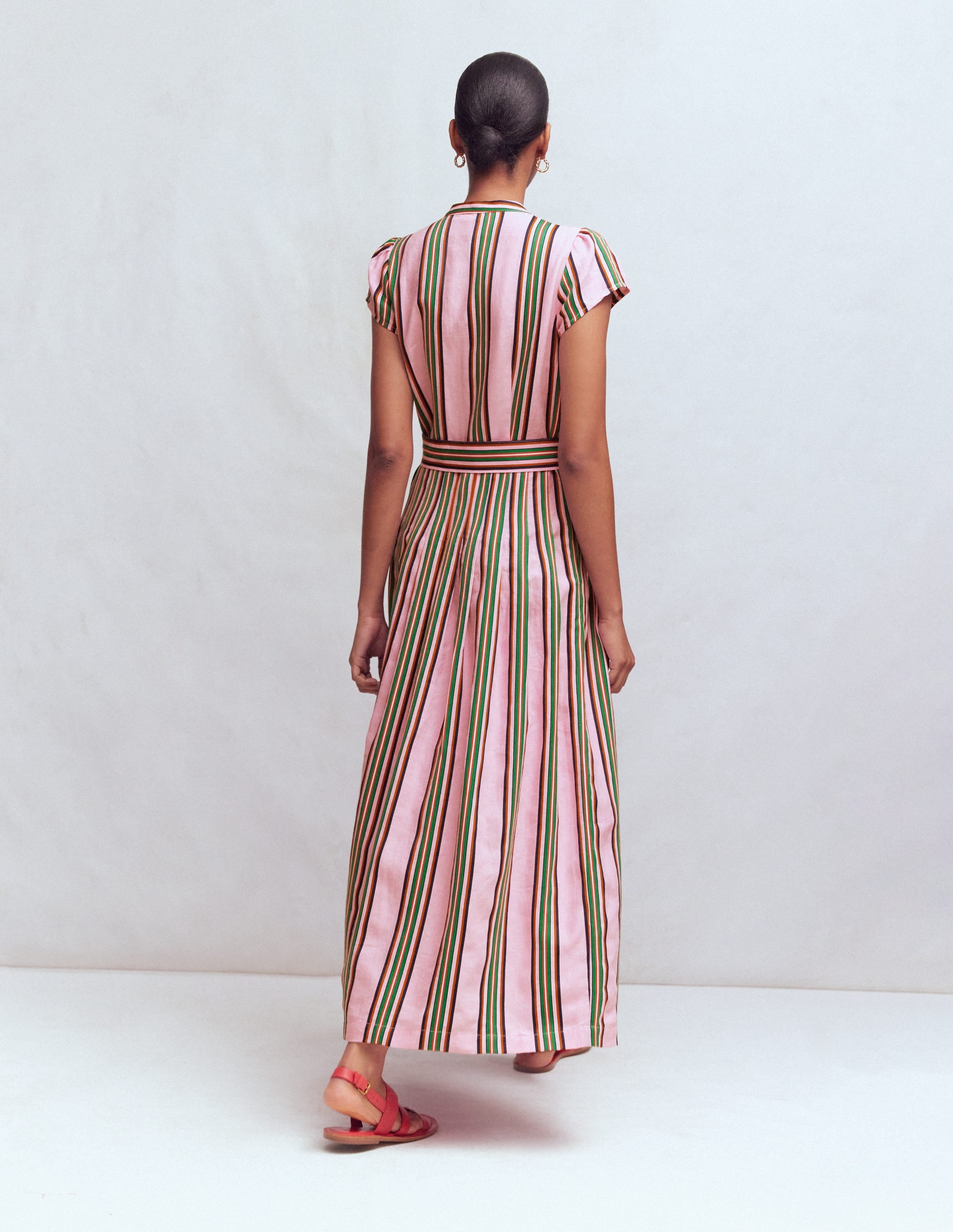 Arabella Linen Blend Dress-Pink, Rich Emerald Stripe - Image 3