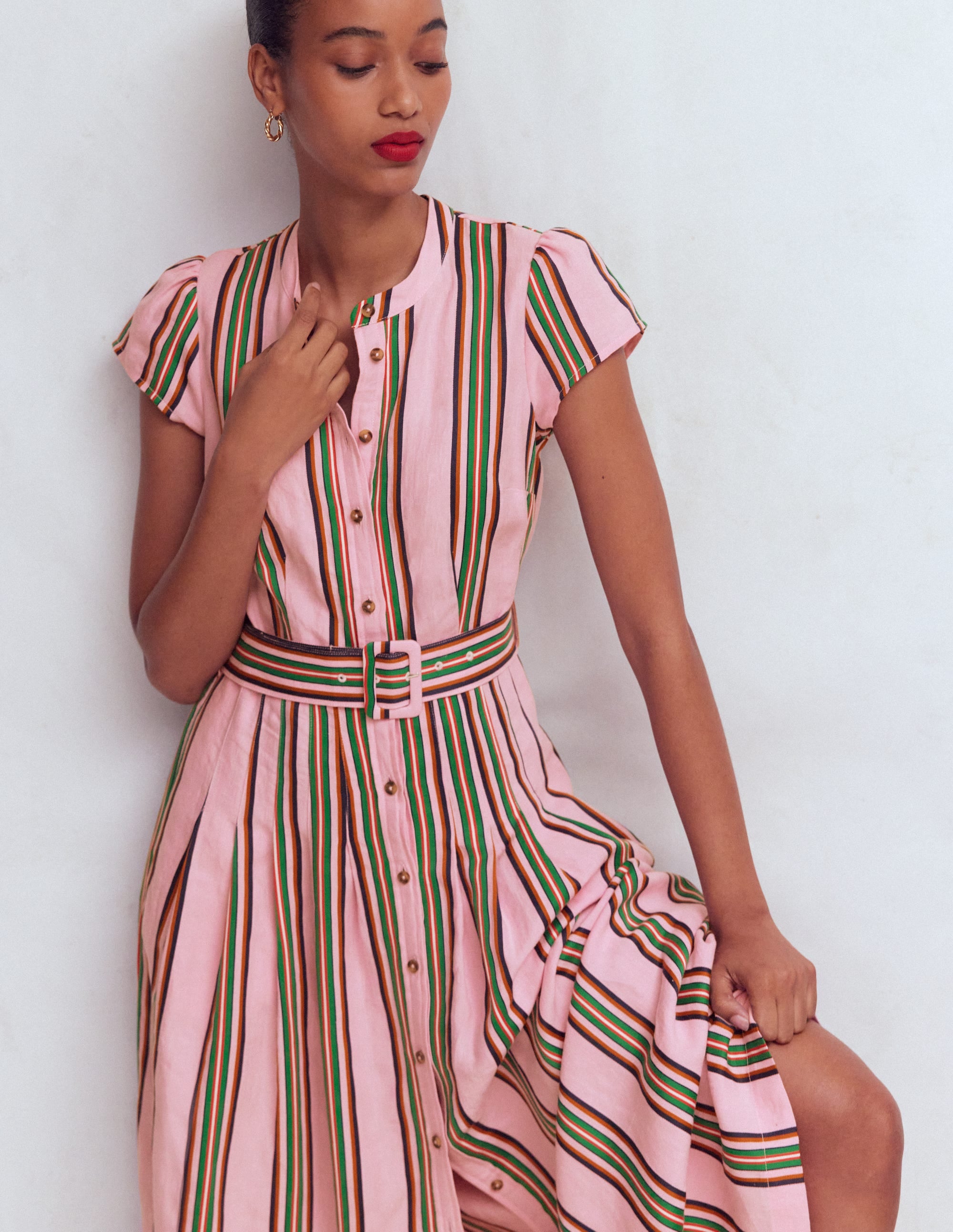 Arabella Linen Blend Dress-Pink, Rich Emerald Stripe - Image 4