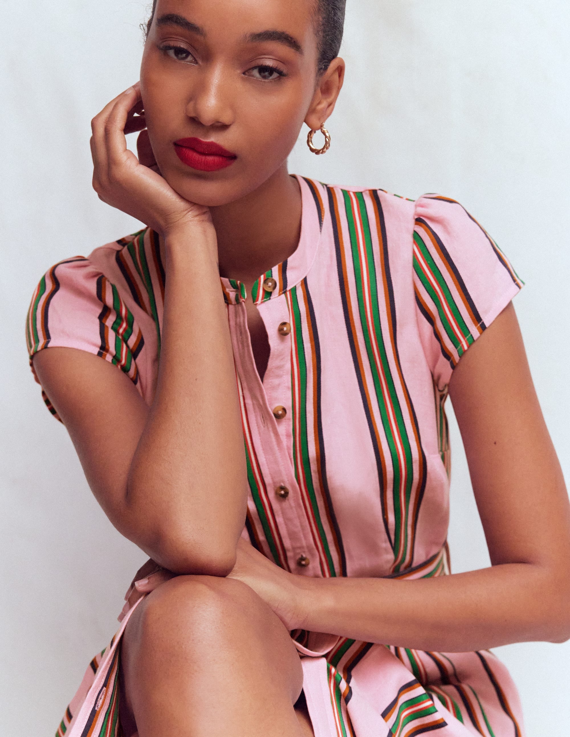 Arabella Linen Blend Dress-Pink, Rich Emerald Stripe - Image 5
