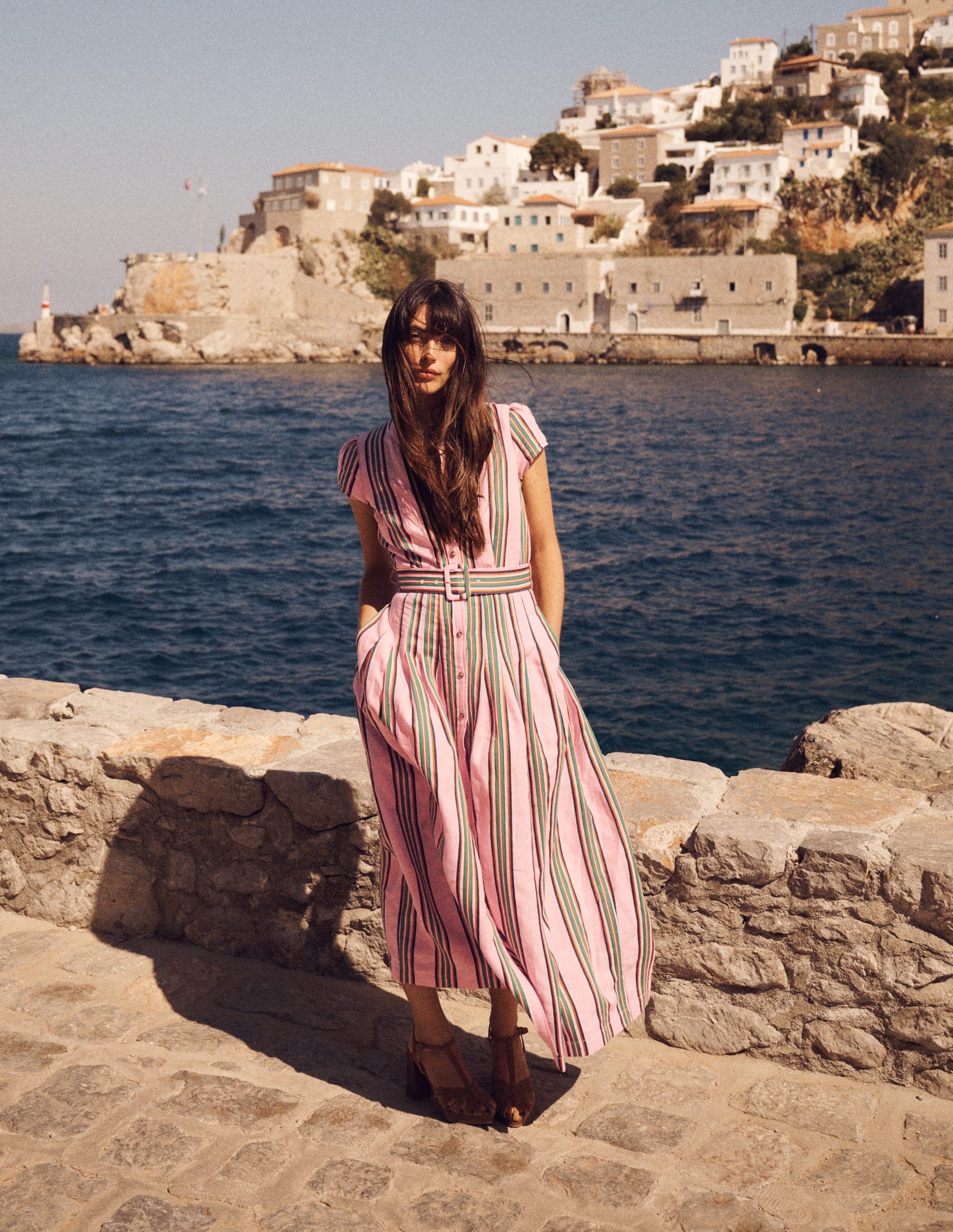 Arabella Linen Blend Dress-Pink, Rich Emerald Stripe | Boden USA Arabella Linen Blend Dress-Pink, Rich Emerald Stripe | Boden USA
