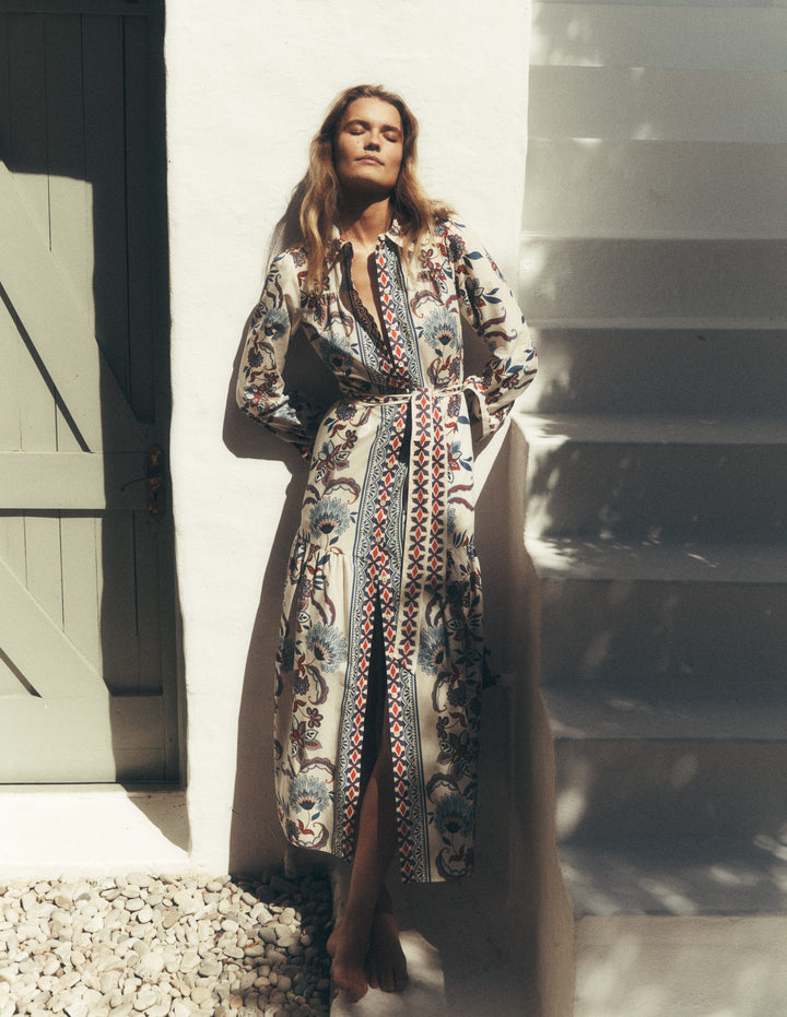 Ellie Cotton Maxi Shirt Dress-Blue Border Print