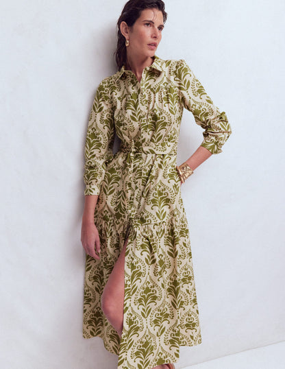 Ellie Cotton Maxi Shirt Dress-Green Decorative Lattice-1