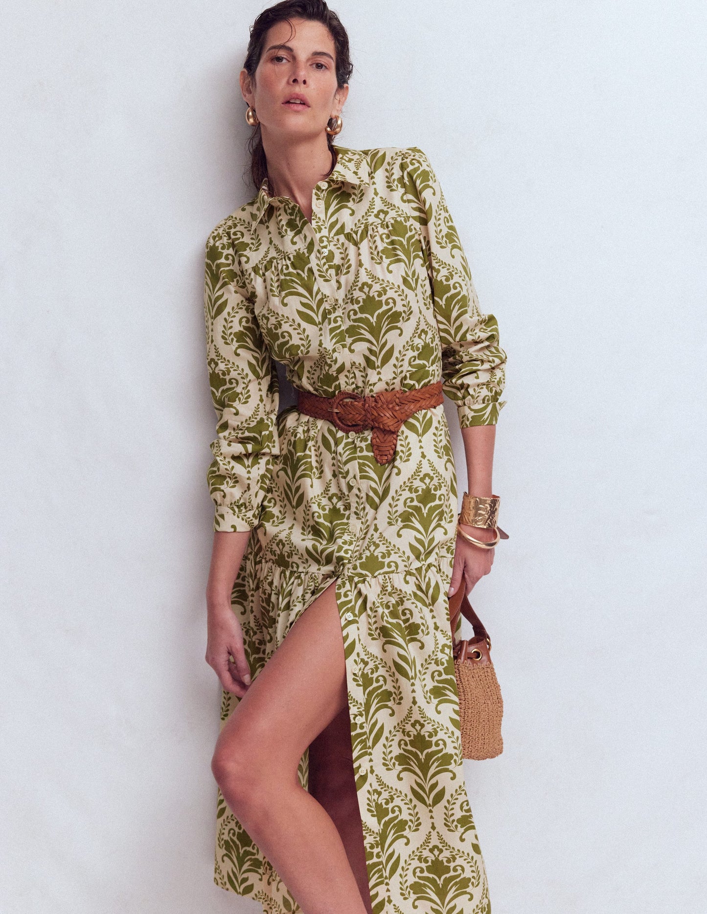 Ellie Cotton Maxi Shirt Dress-Green Decorative Lattice