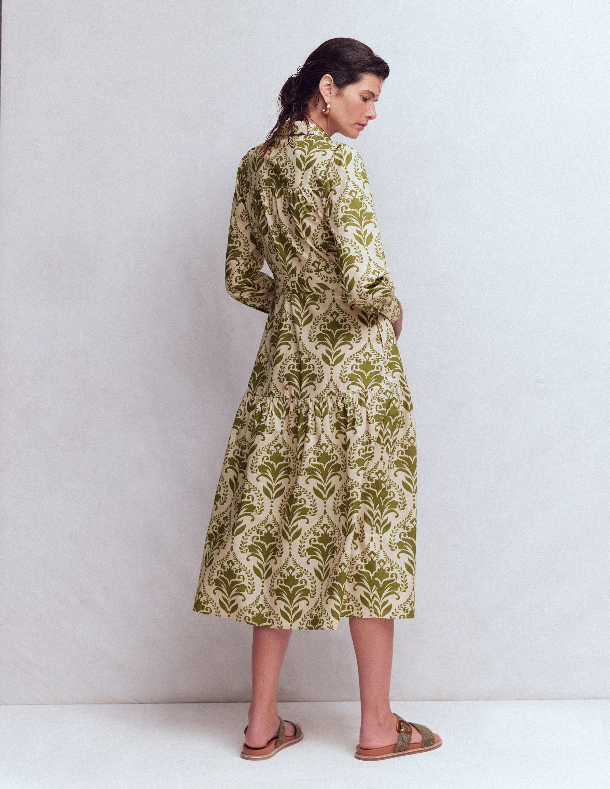 Ellie Cotton Maxi Shirt Dress - Green Decorative Lattice