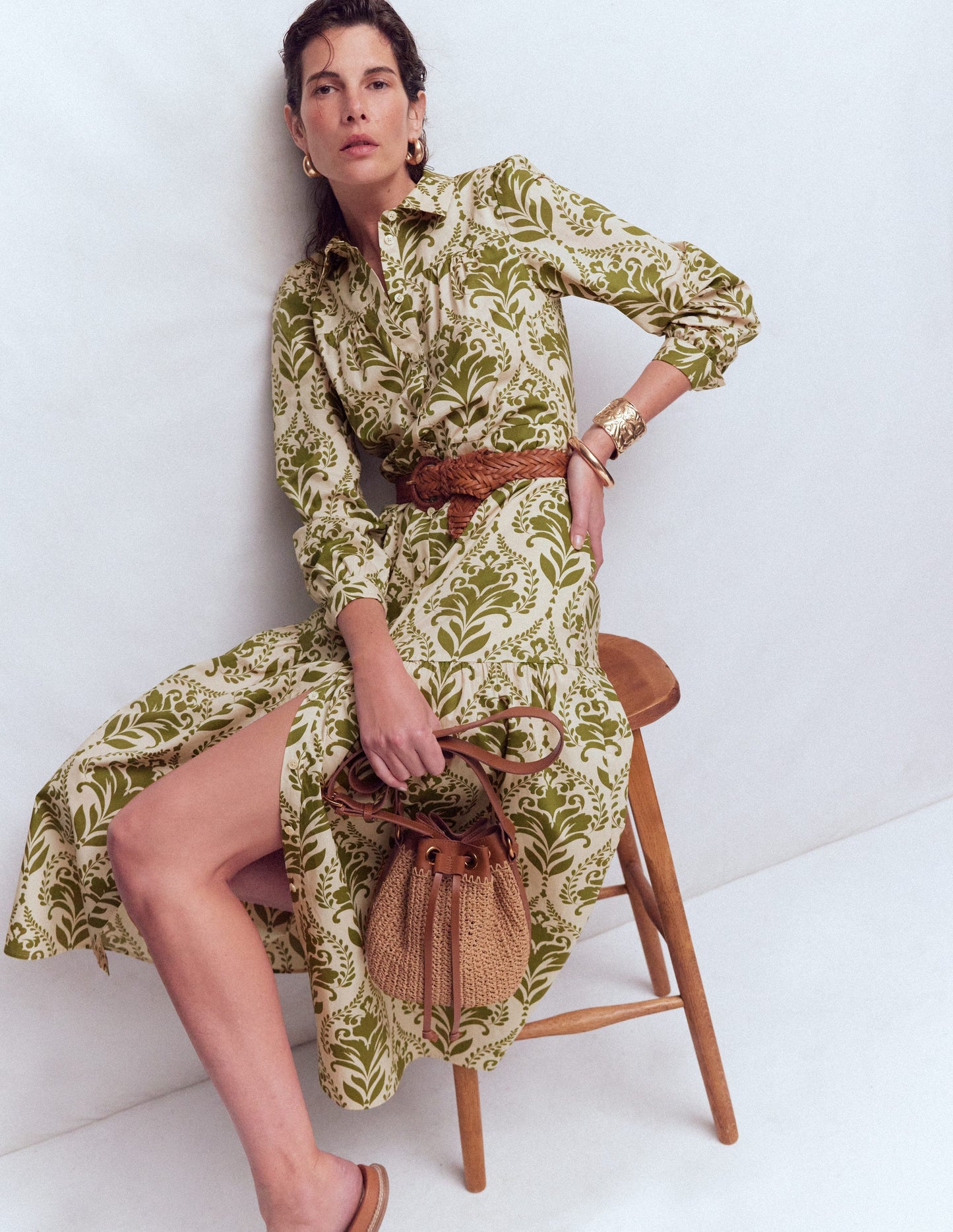 Ellie Cotton Maxi Shirt Dress-Green Decorative Lattice