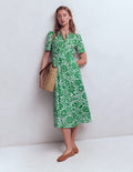 Ivy Placket Cotton Midi Dress-Verdant Green, Meadow Scatter