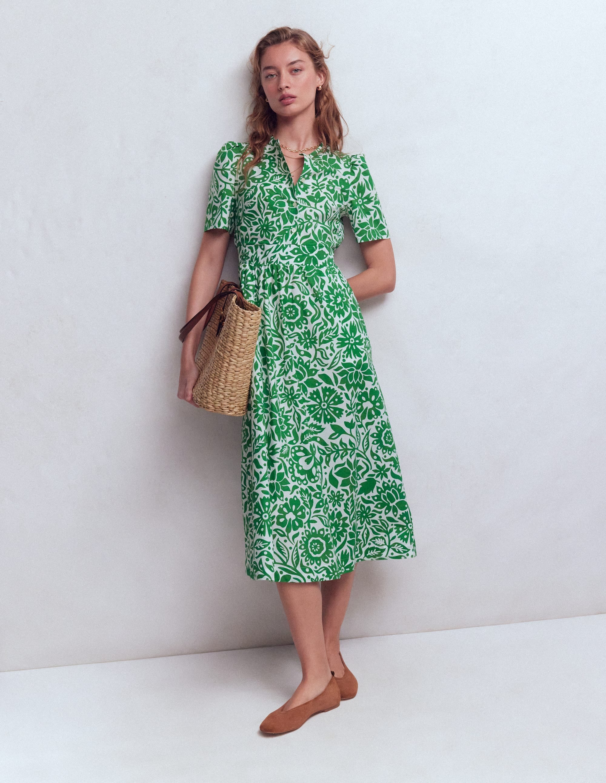 Ivy Button Cotton Midi Dress-Verdant Green, Meadow Scatter - Image 1