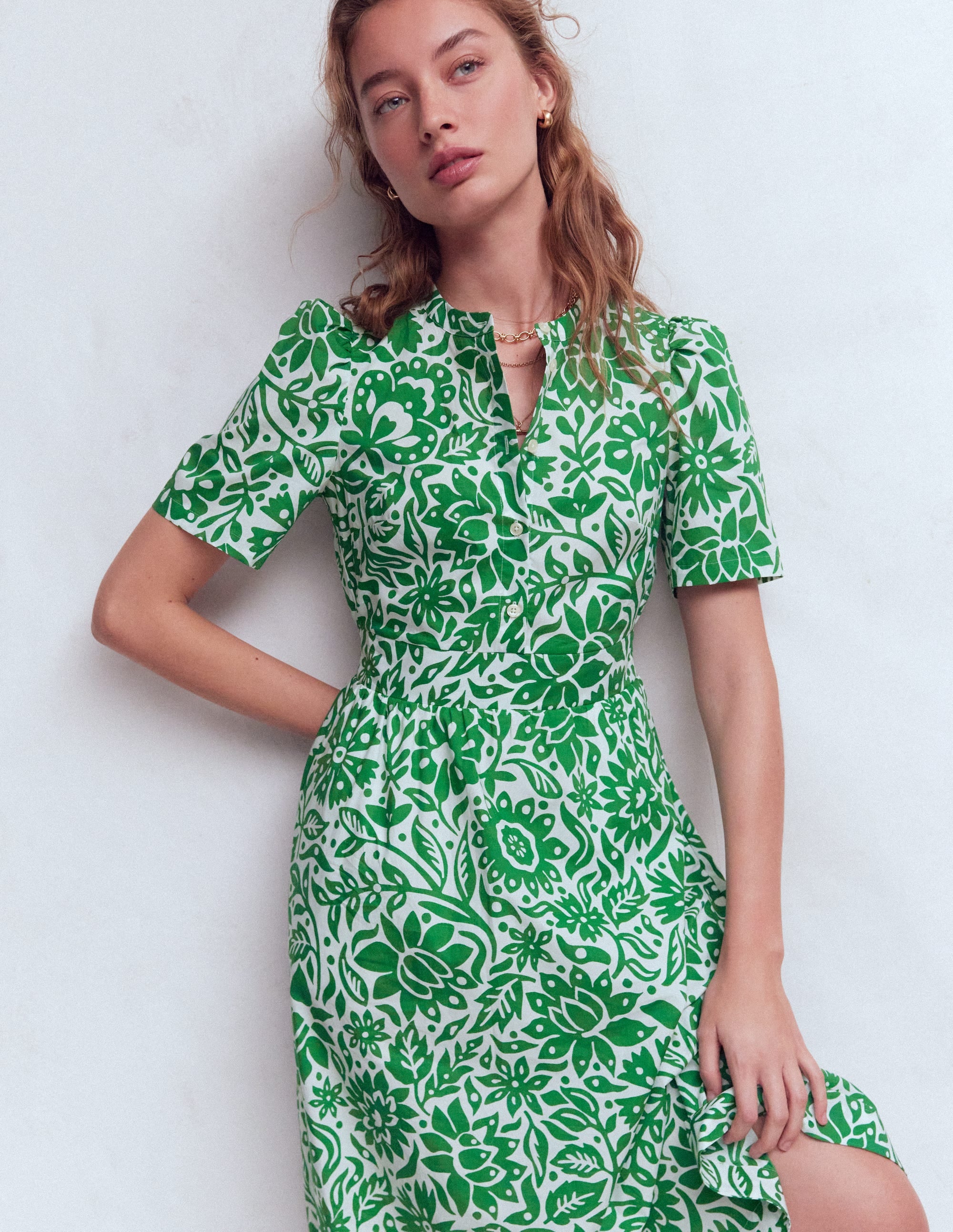 Ivy Button Cotton Midi Dress-Verdant Green, Meadow Scatter - Image 2