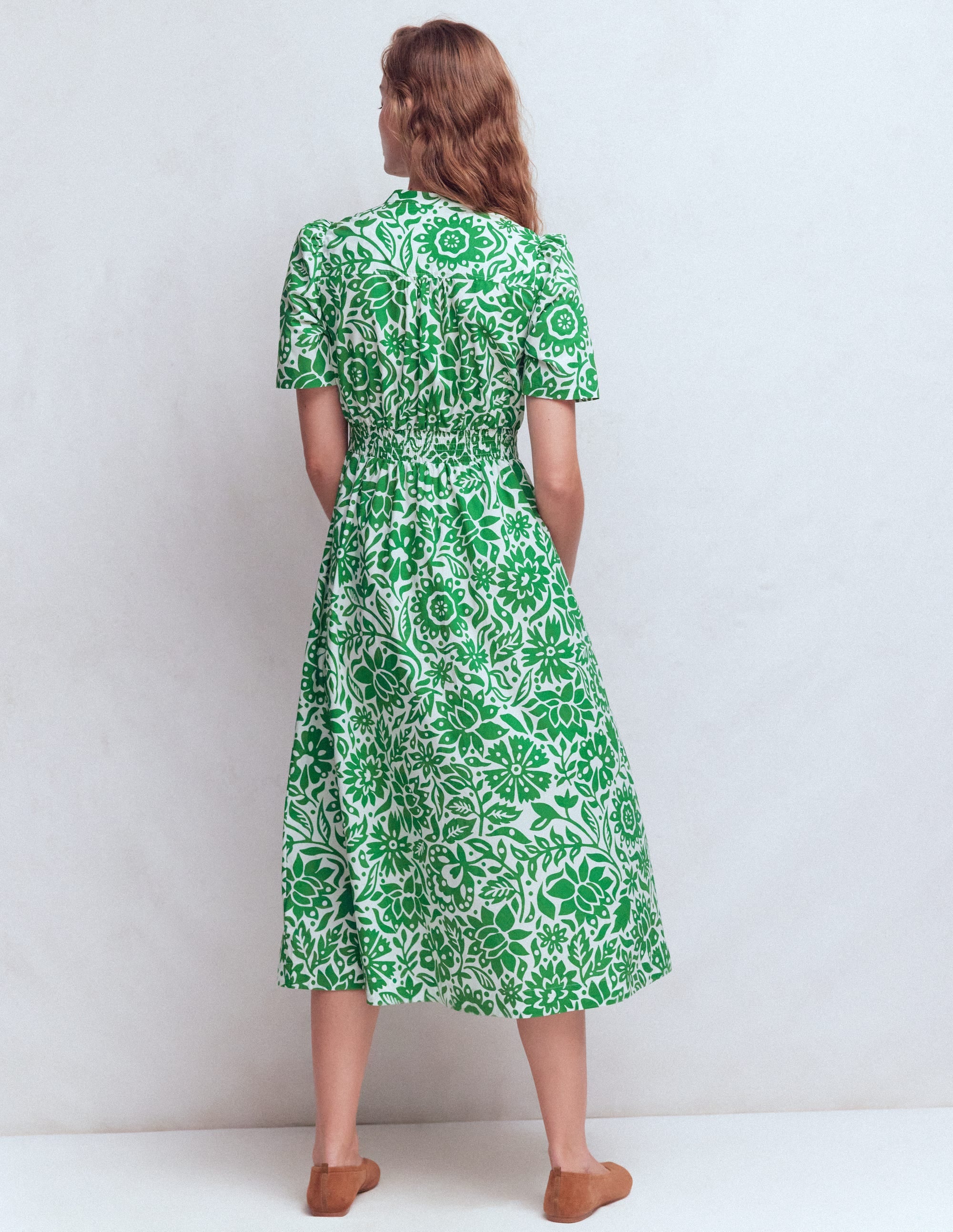 Ivy Button Cotton Midi Dress-Verdant Green, Meadow Scatter - Image 3