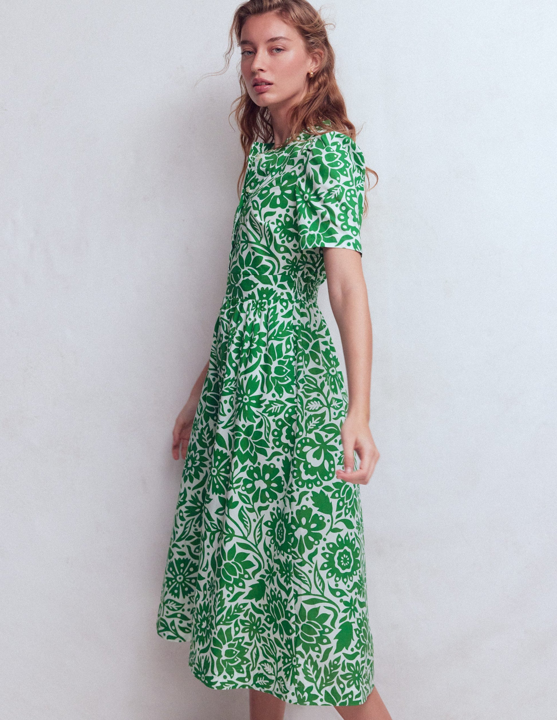 Boden Women's Ivy Button Cotton Midi Dress in Green