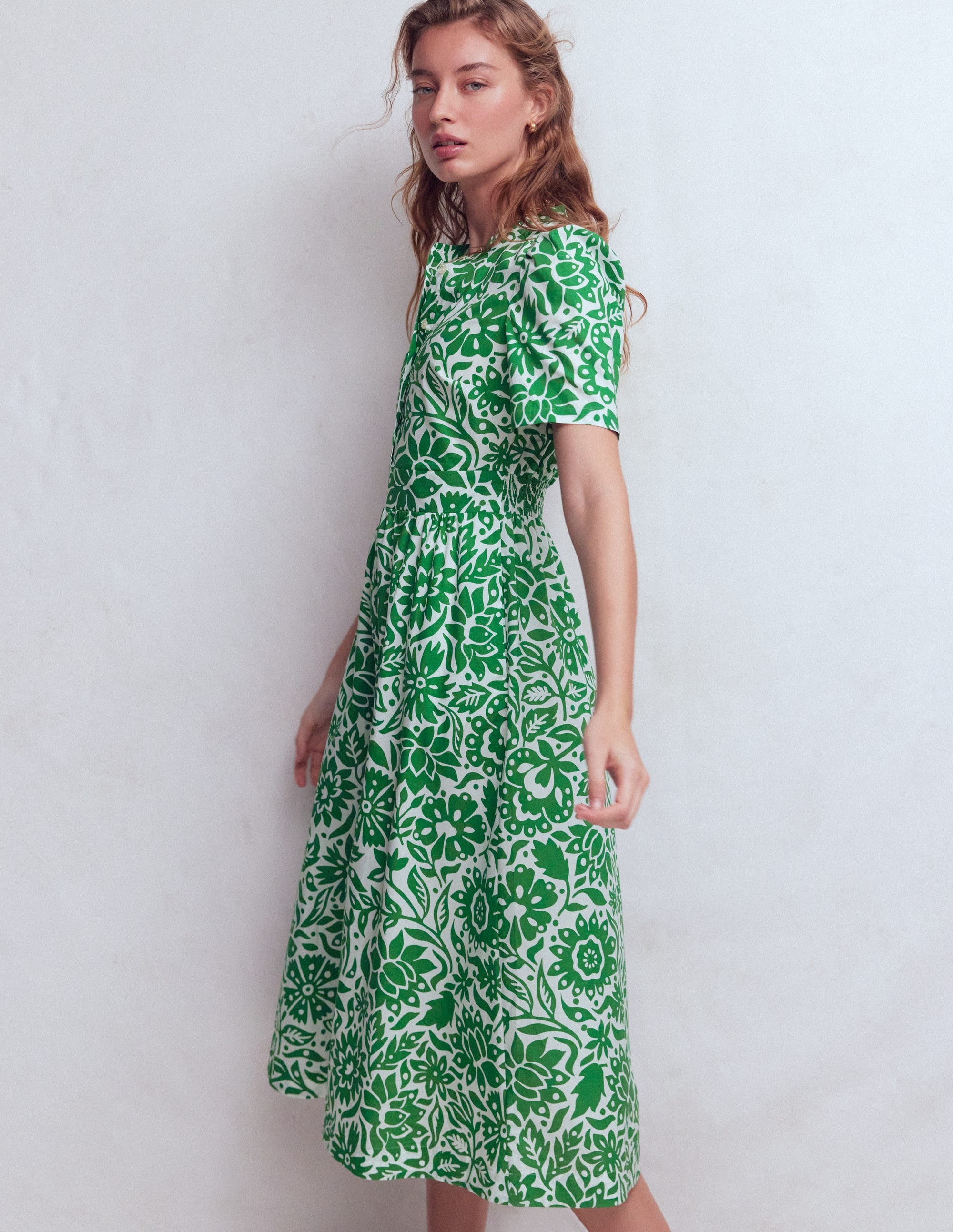 Ivy Button Cotton Midi Dress-Verdant Green, Meadow Scatter - Image 5