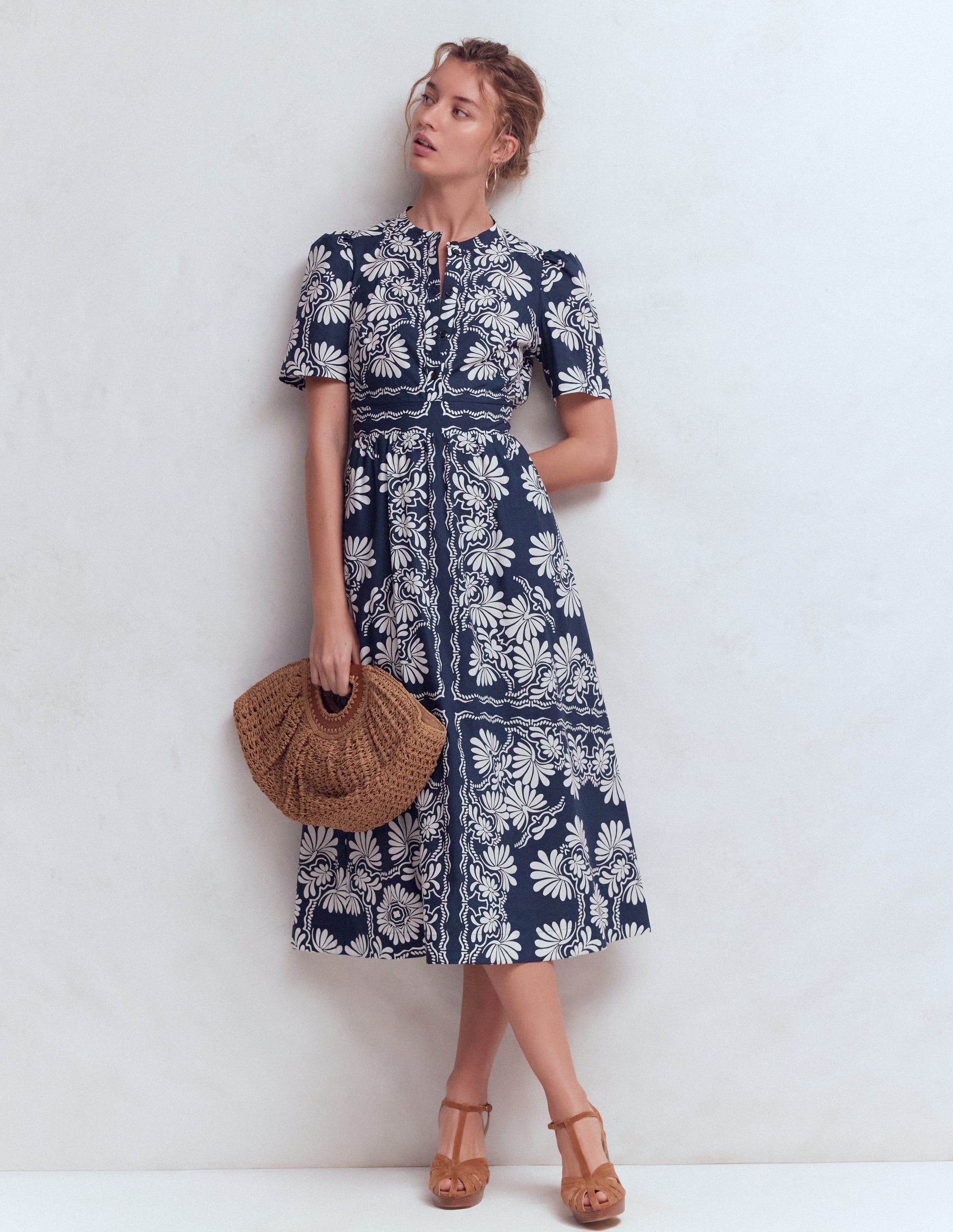 Ivy Button Cotton Midi Dress-French Navy Botanical Charm - Image 1