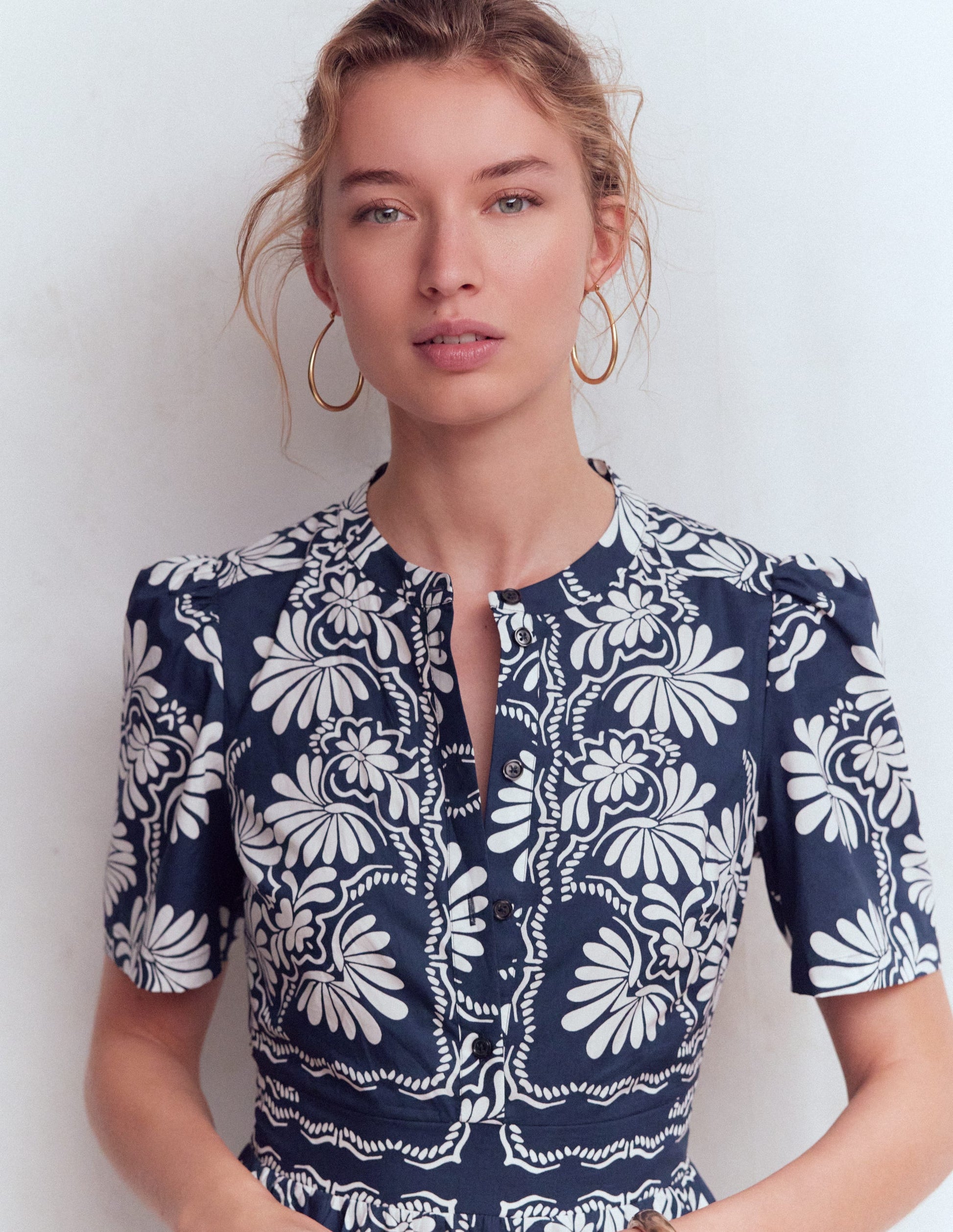 Ivy Placket Cotton Midi Dress-French Navy Botanical Charm