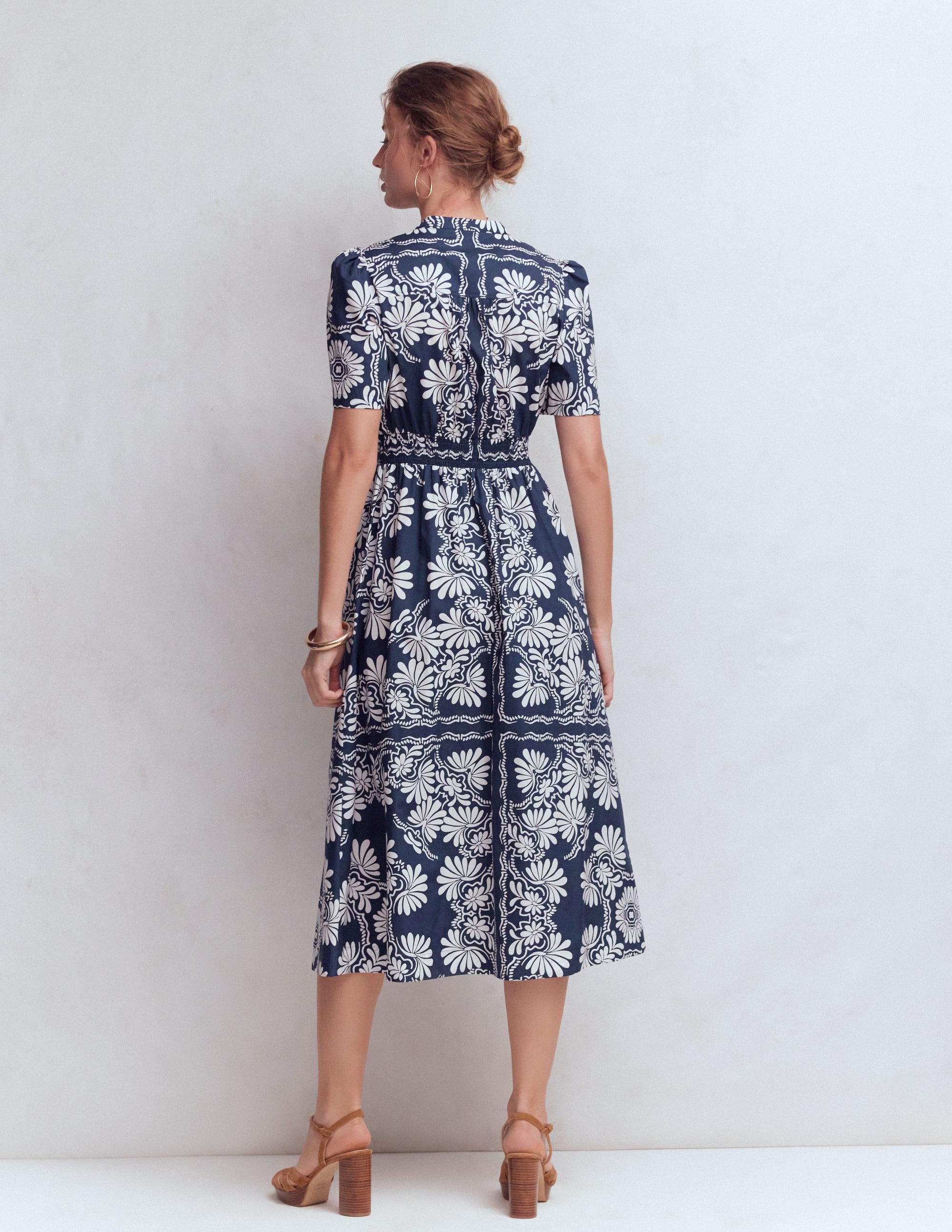Ivy Button Cotton Midi Dress-French Navy Botanical Charm - Image 3