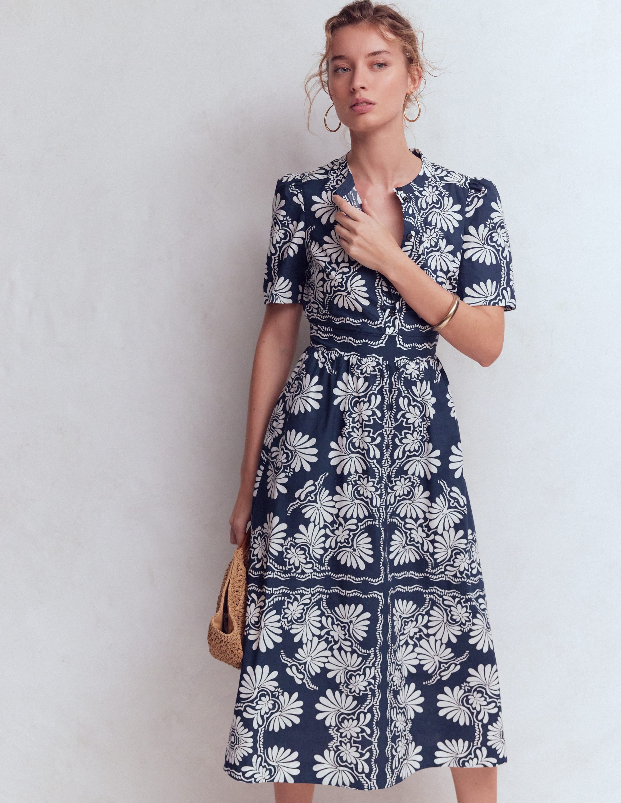 Ivy Button Cotton Midi Dress-French Navy Botanical Charm - Image 4