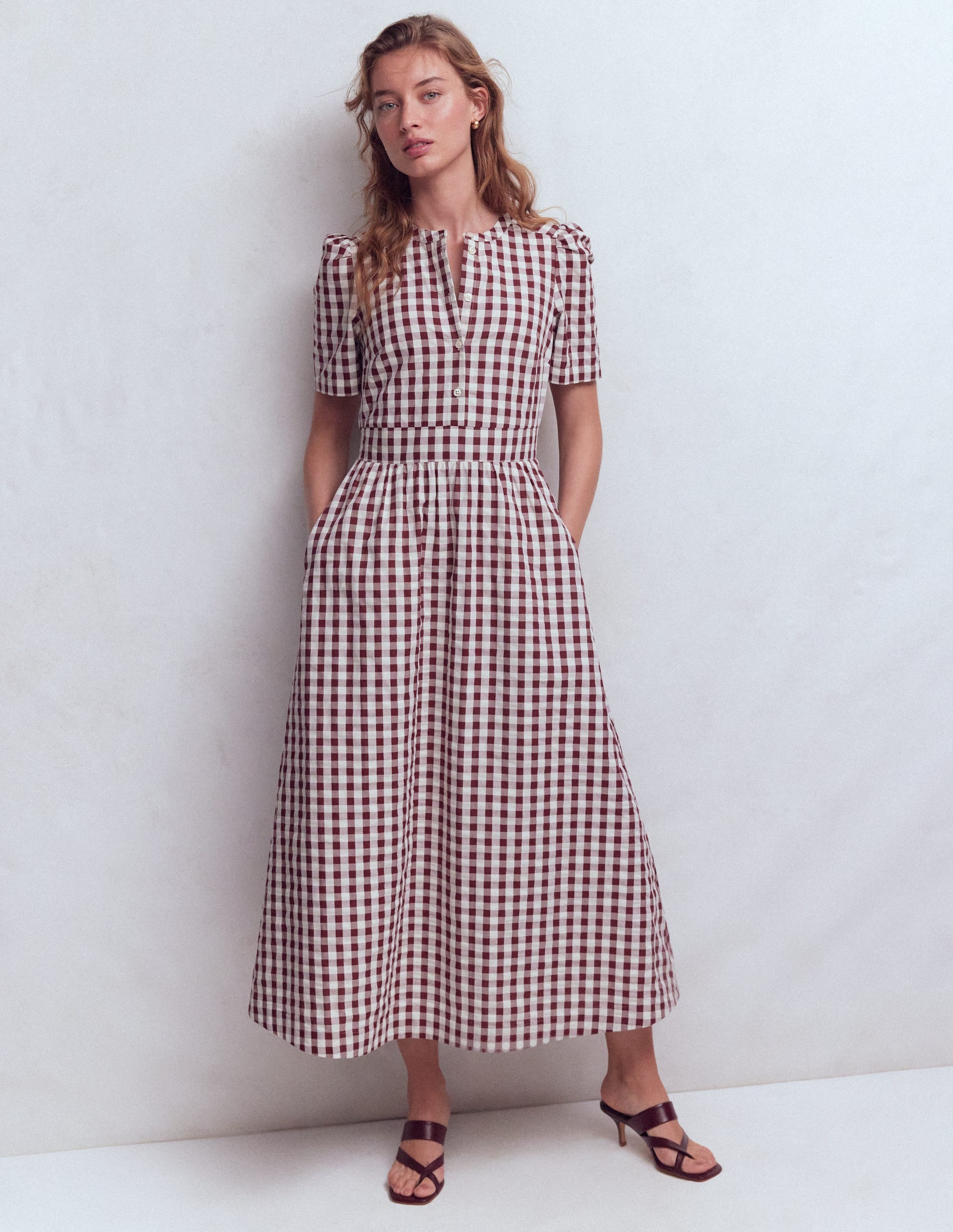 Ivy Button Cotton Midi Dress-Gingham - Image 4