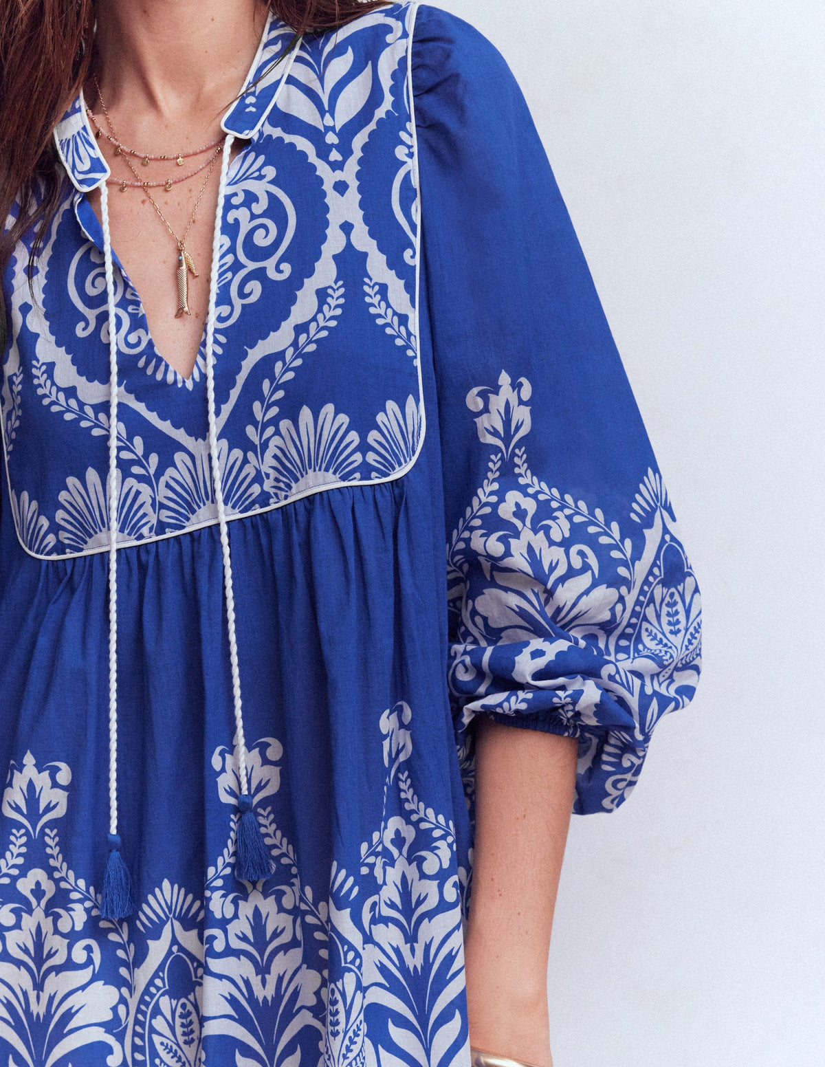 Boho Tie Neck Kaftan-Blue Ornamental Garden - Image 2