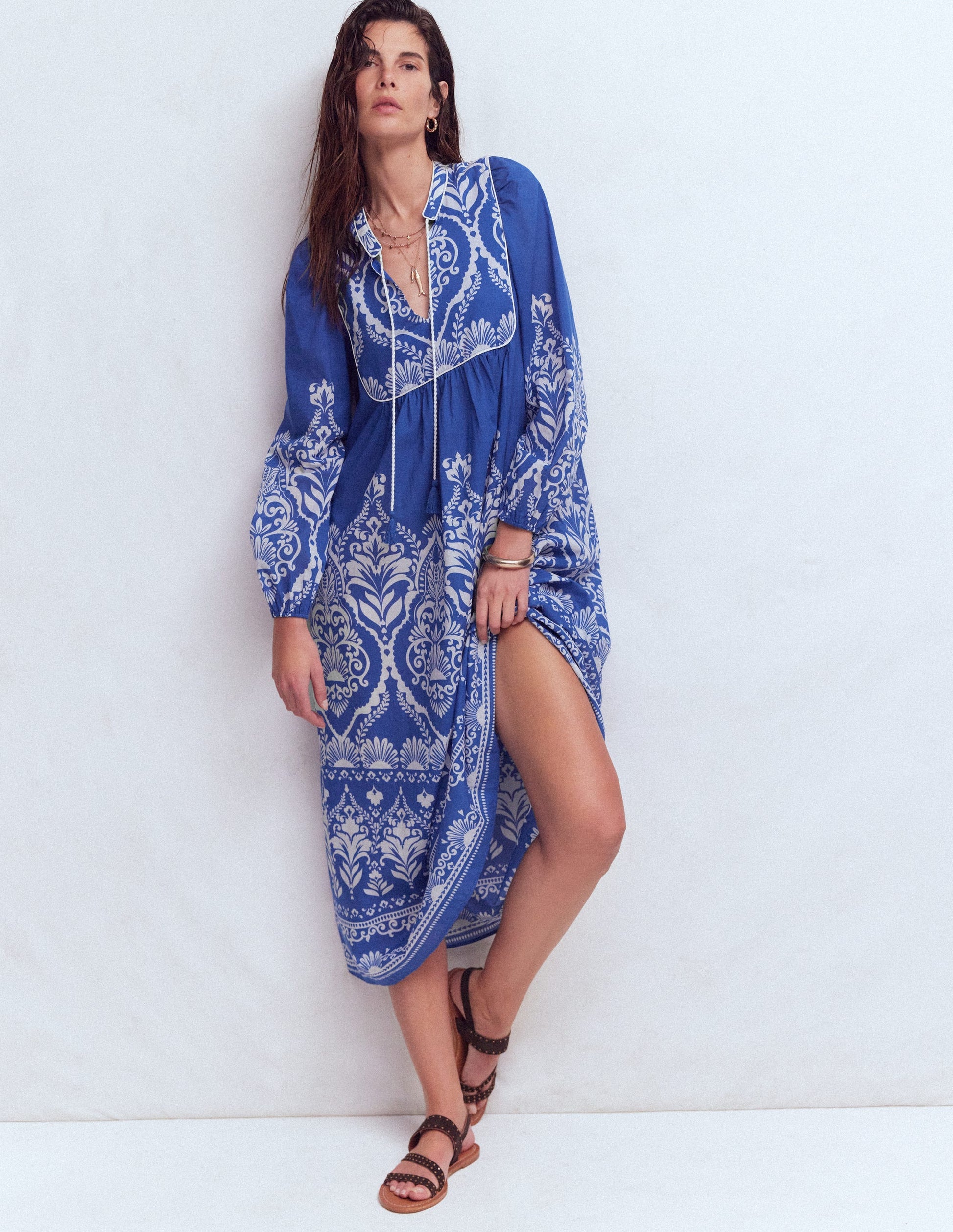 Boho Tie Neck Kaftan-Blue Ornamental Garden-5
