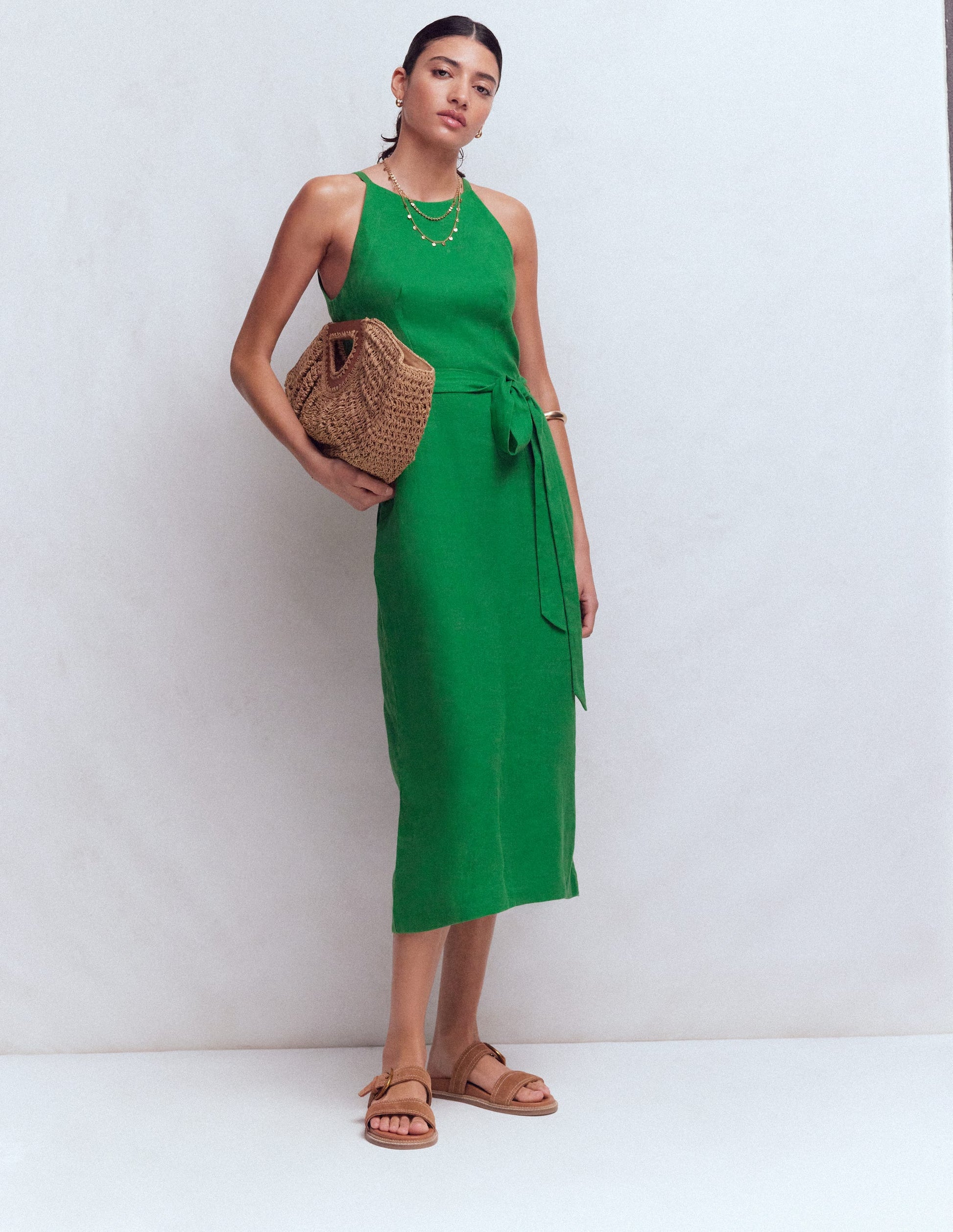 slim fit dress slacks Rosa Halter Linen Midi Dress-Amazon Green