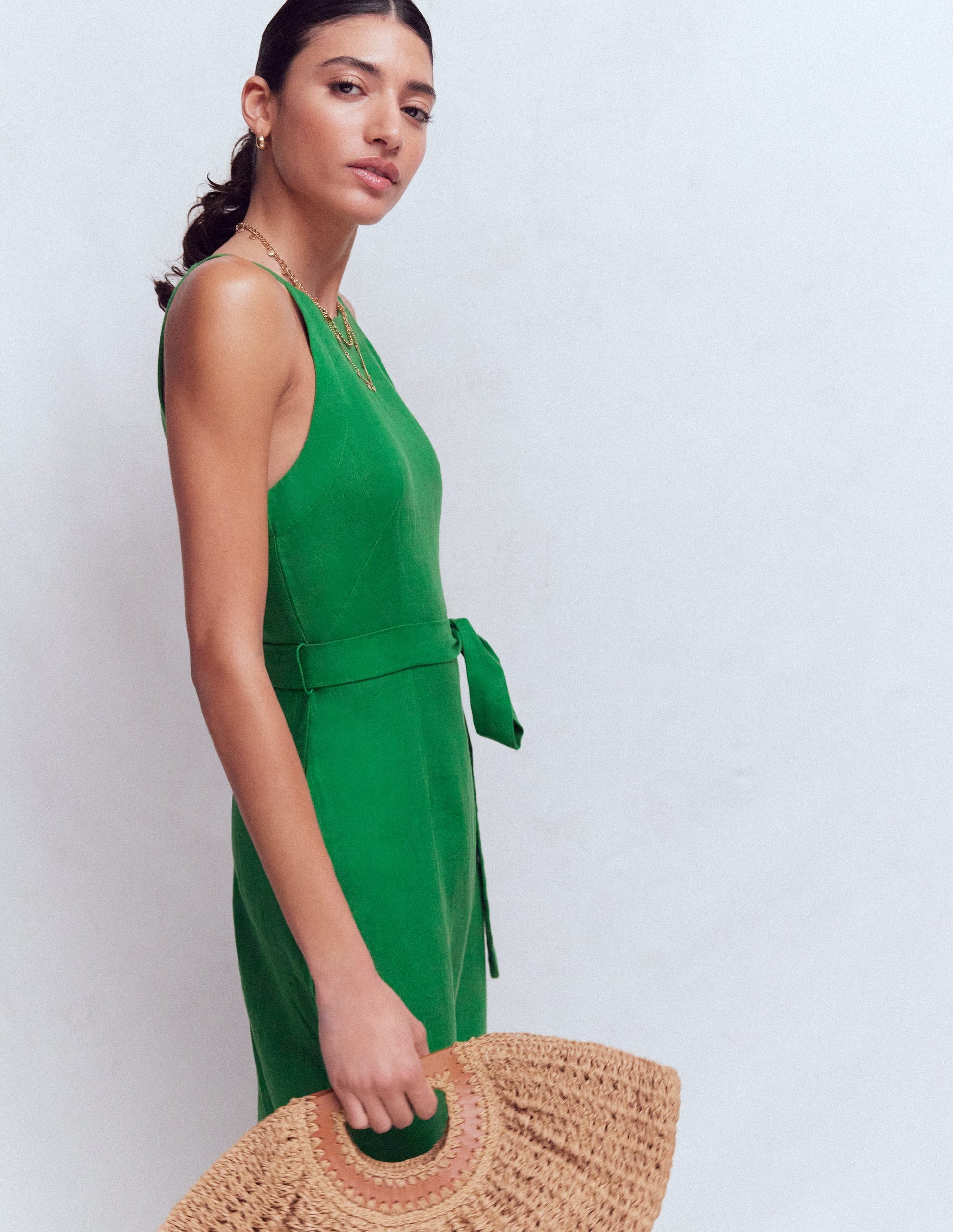 knee length dresses for ladies Rosa Halter Linen Midi Dress-Amazon Green