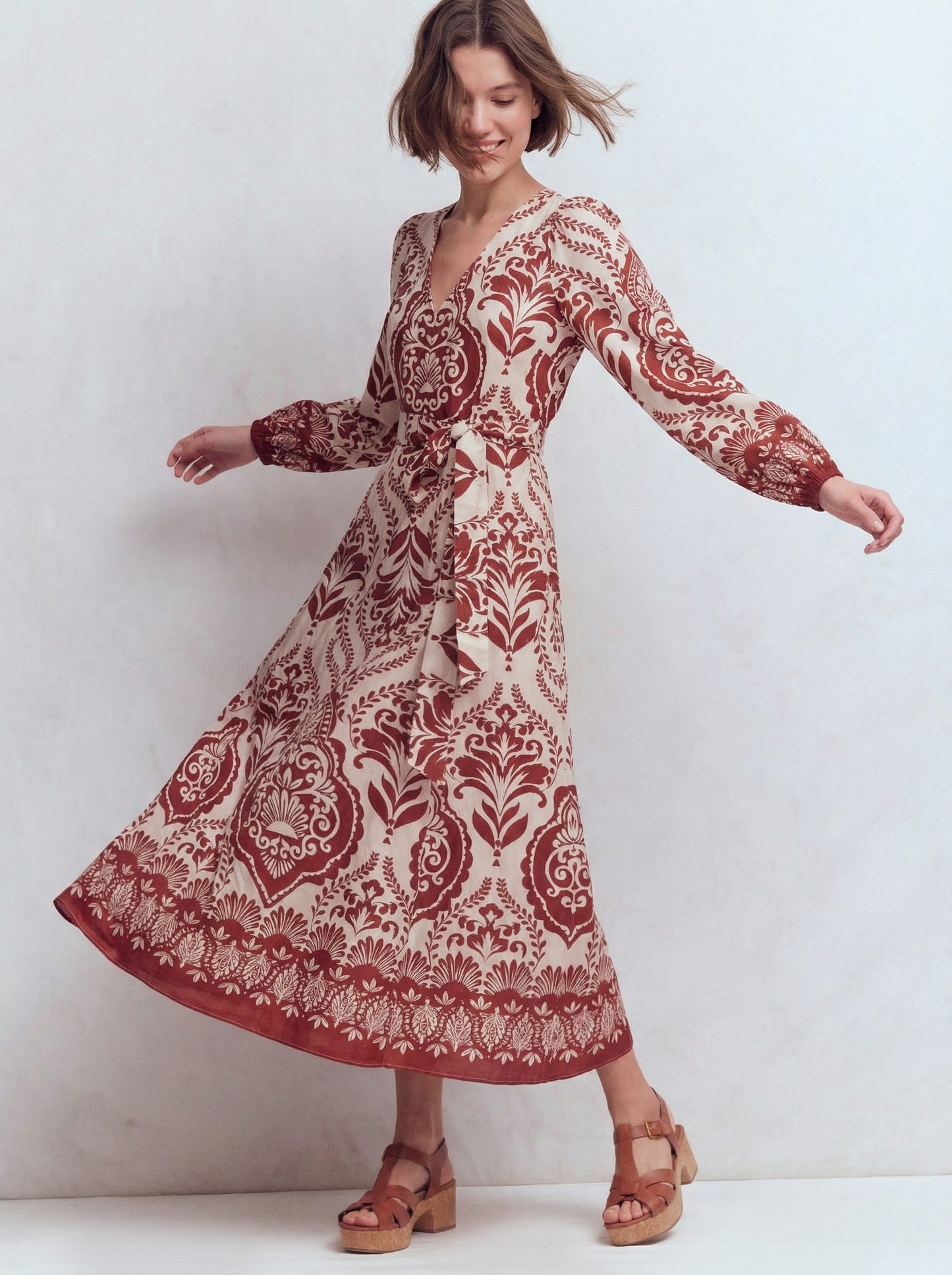 Florence Linen Blend Dress-Brown Ornamental Garden