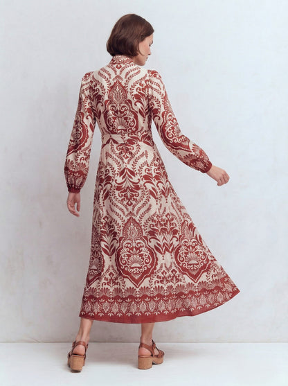 Florence Linen Blend Dress-Brown Ornamental Garden-2