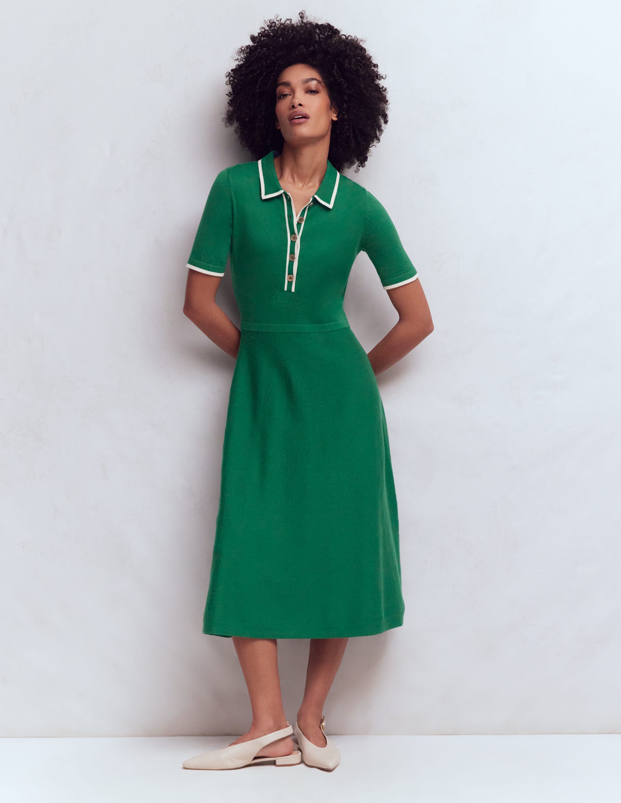 Collared Knitted Midi Dress-Fresh Green - Image 1