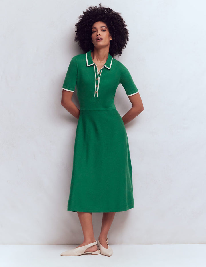 Collared Knitted Midi Dress-Fresh Green