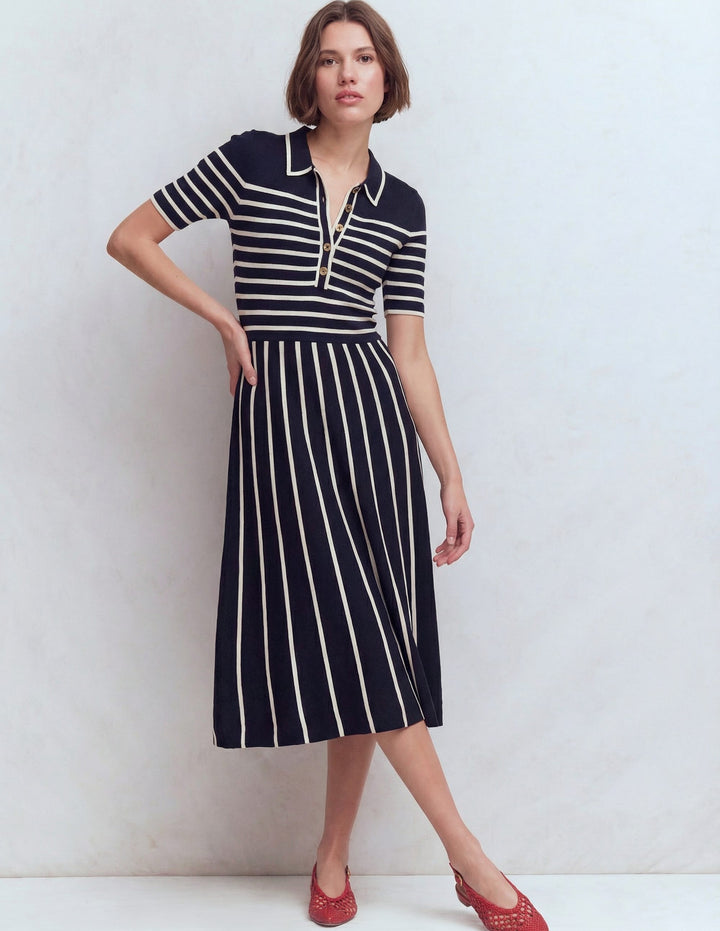 Collared Knitted Midi Dress-French Navy and Ivory Stripe