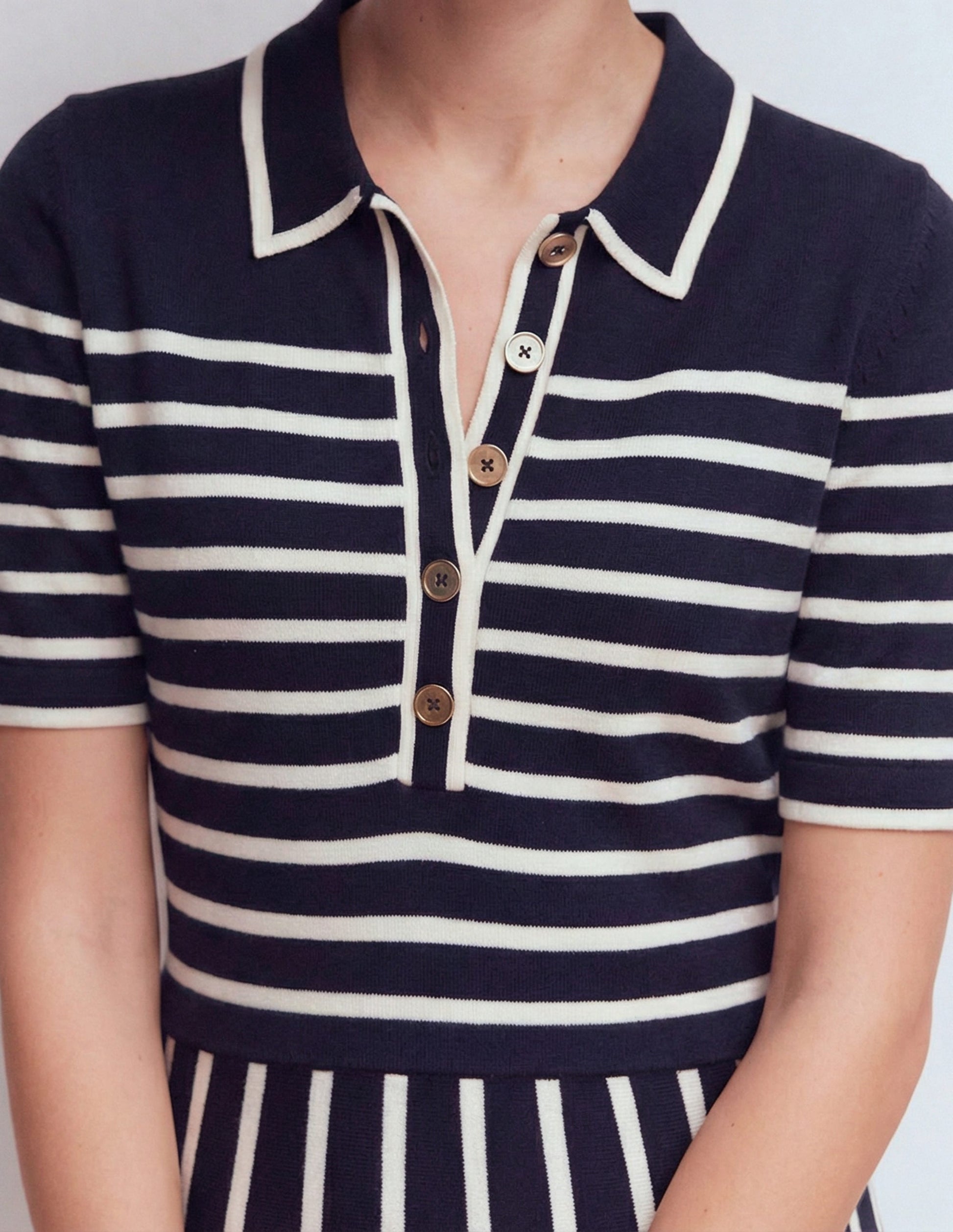 Collared Knitted Midi Dress-French Navy and Ivory Stripe-3