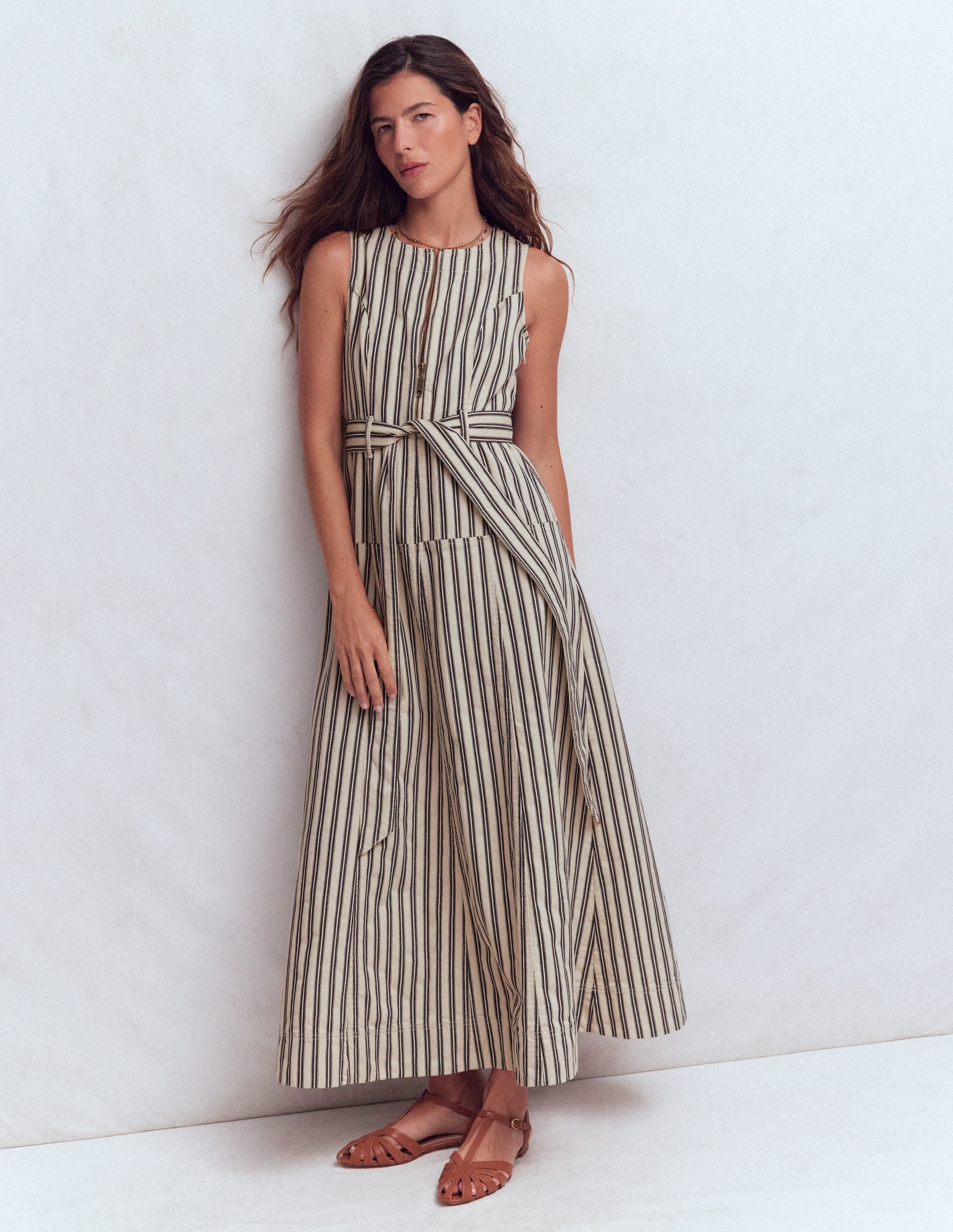 Sleeveless Zip Denim Dress-Ivory and Navy Stripe - Image 1