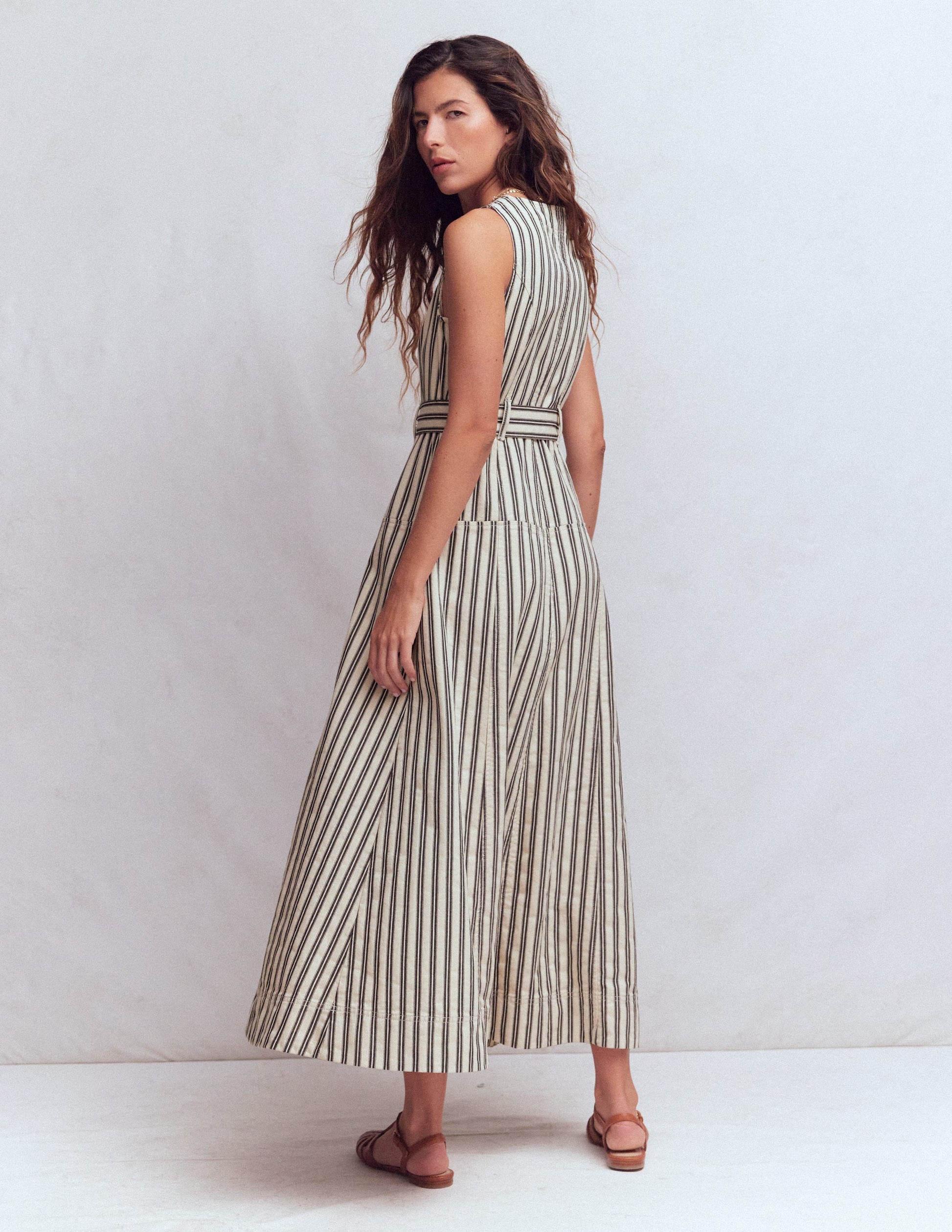 Sleeveless Zip Denim Dress-Ivory and Navy Stripe-3