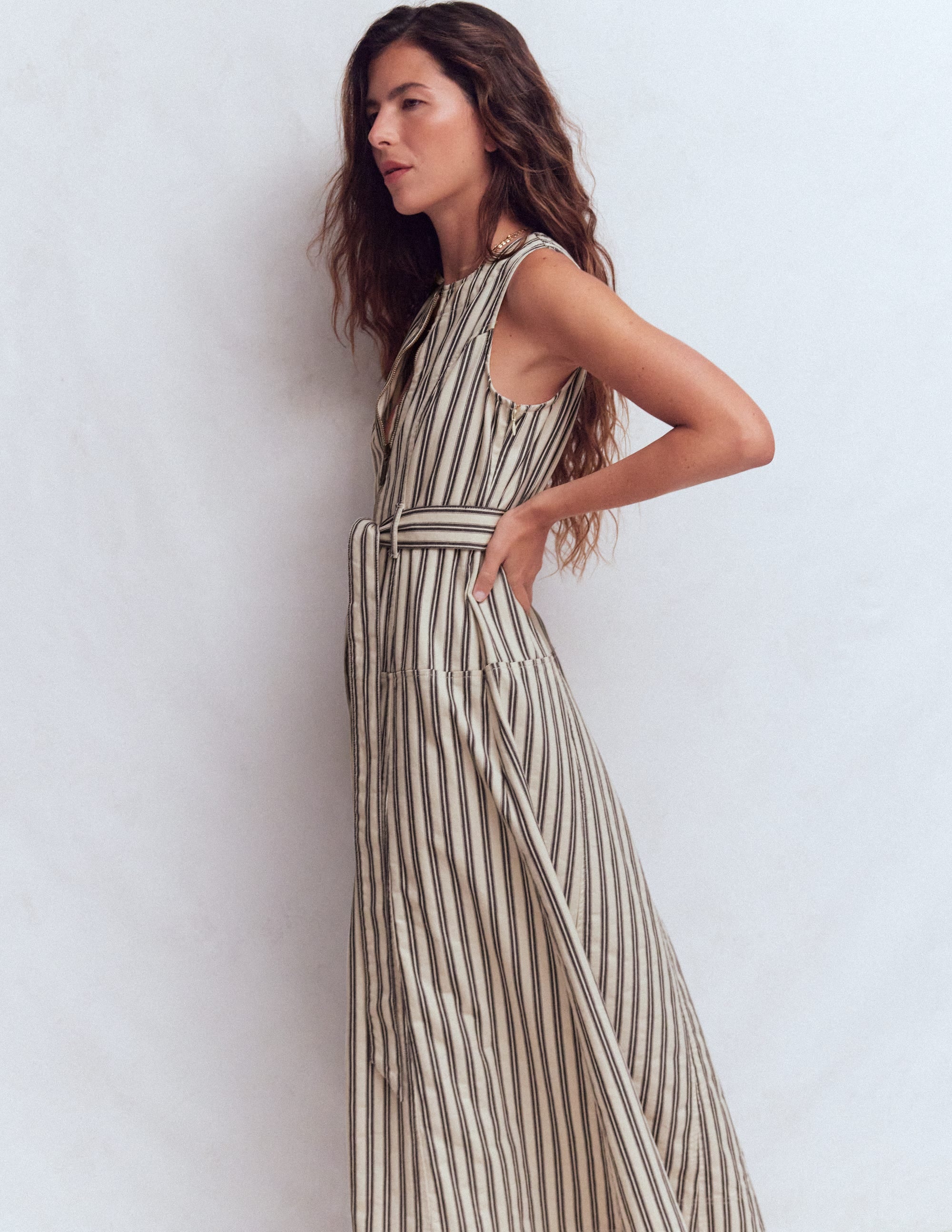 Sleeveless Zip Denim Dress-Ivory and Navy Stripe - Image 4