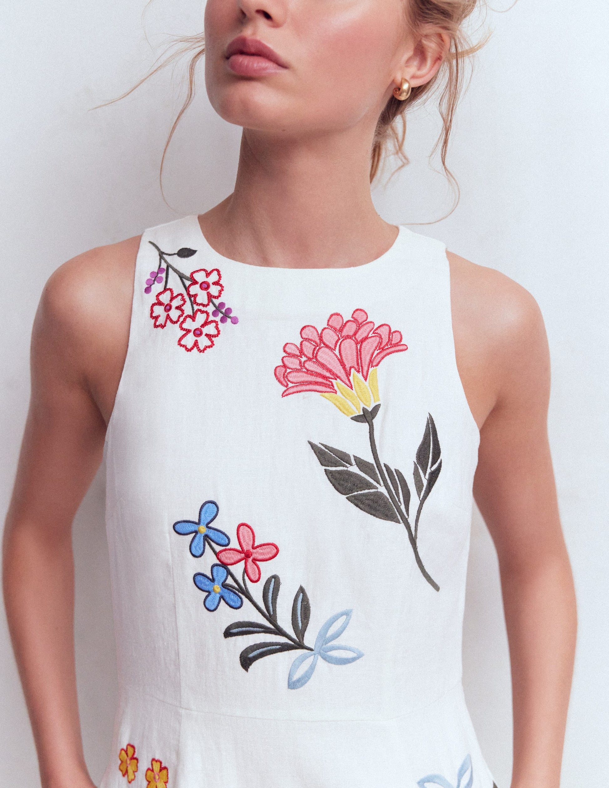 Occasion Short Linen Dress-White Embroidery-2