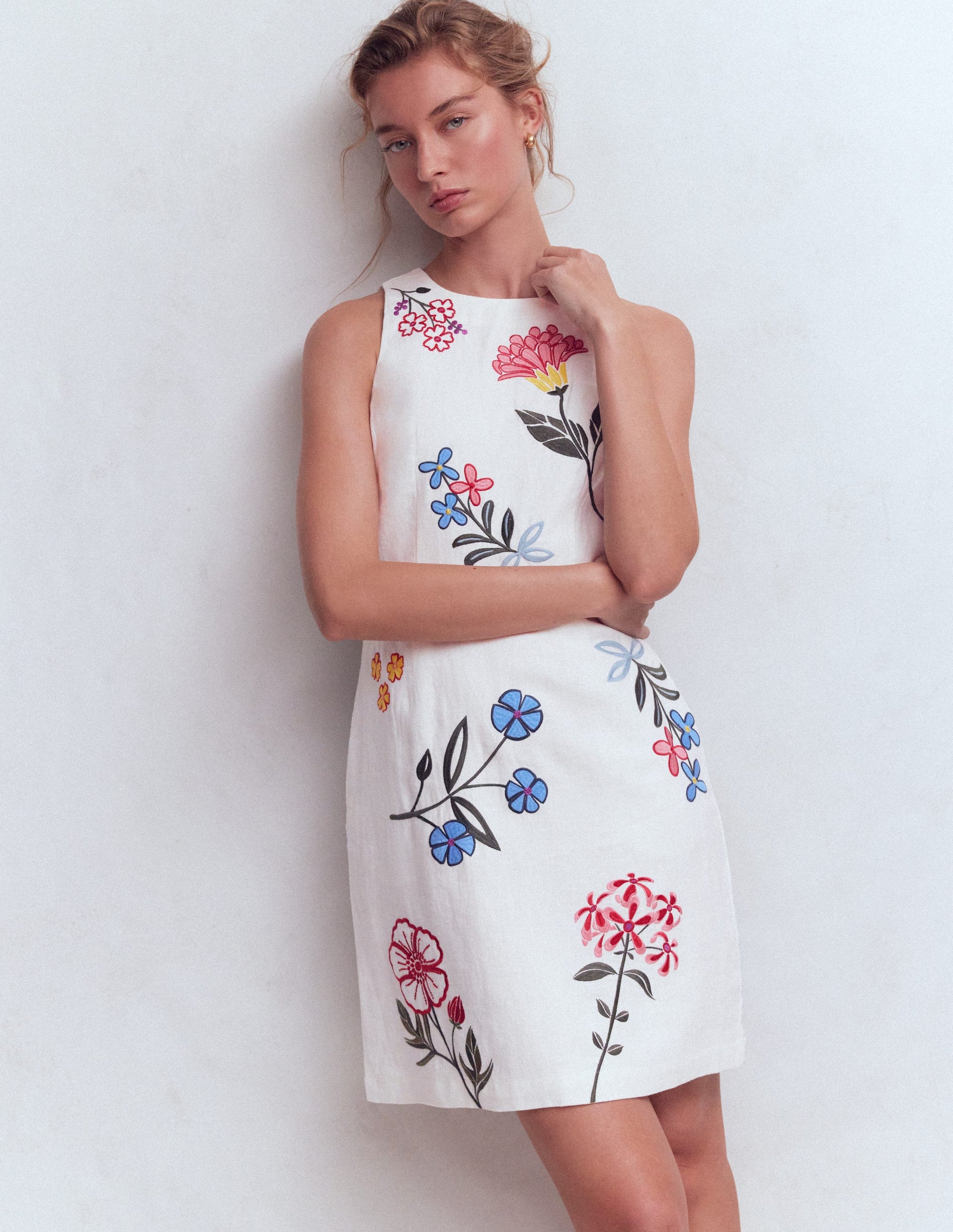 Occasion Short Linen Dress-White Embroidery-4