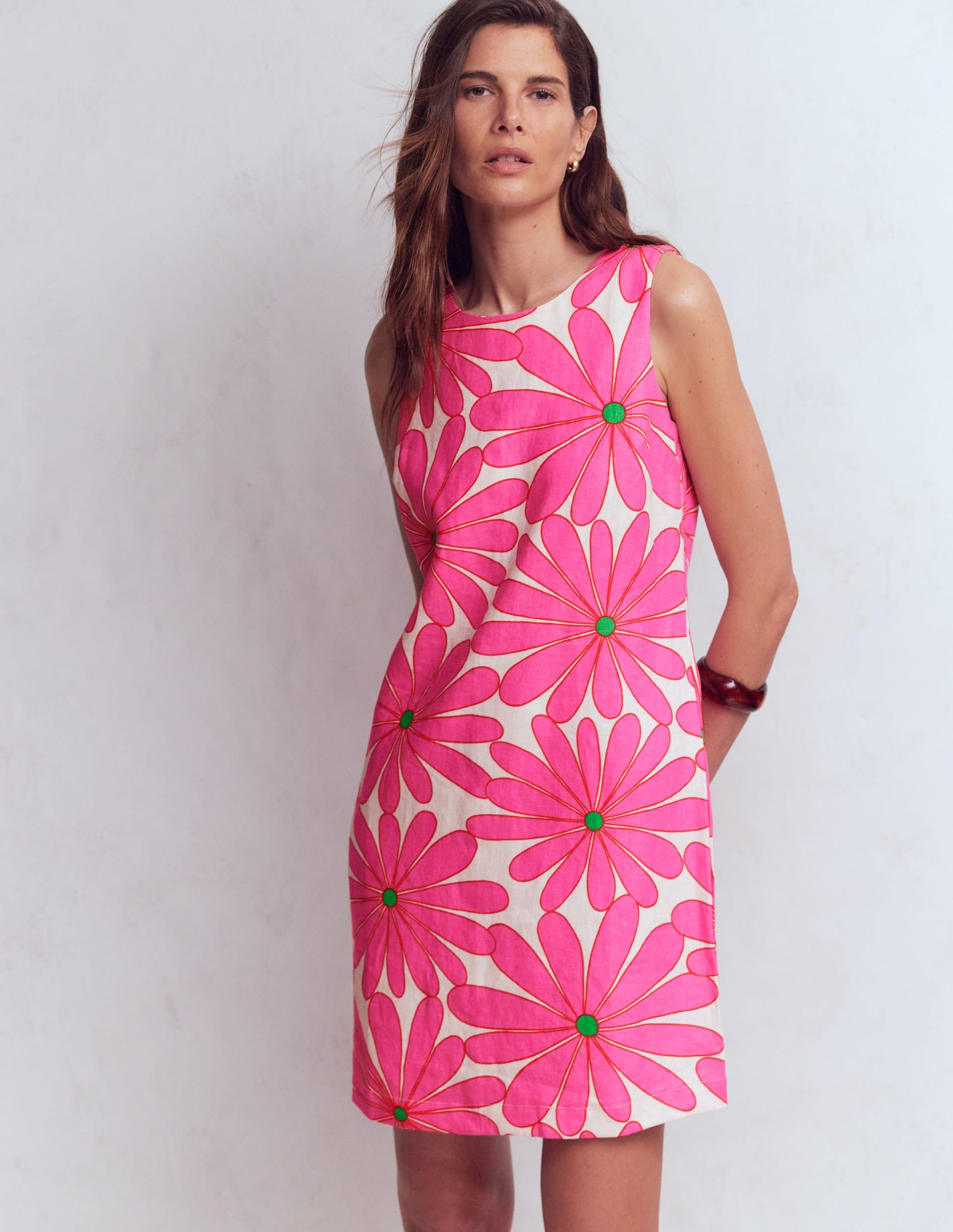 Linen Shift Dress-Pink, Daisy Blossom-5