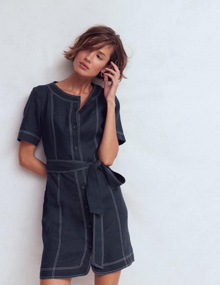 Callie Linen Short Dress-Navy