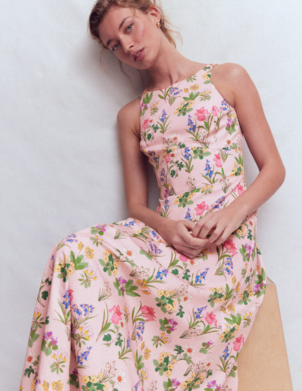 Silvia Boned Bodice Maxi Dress-French Pink, Delicate Blossom