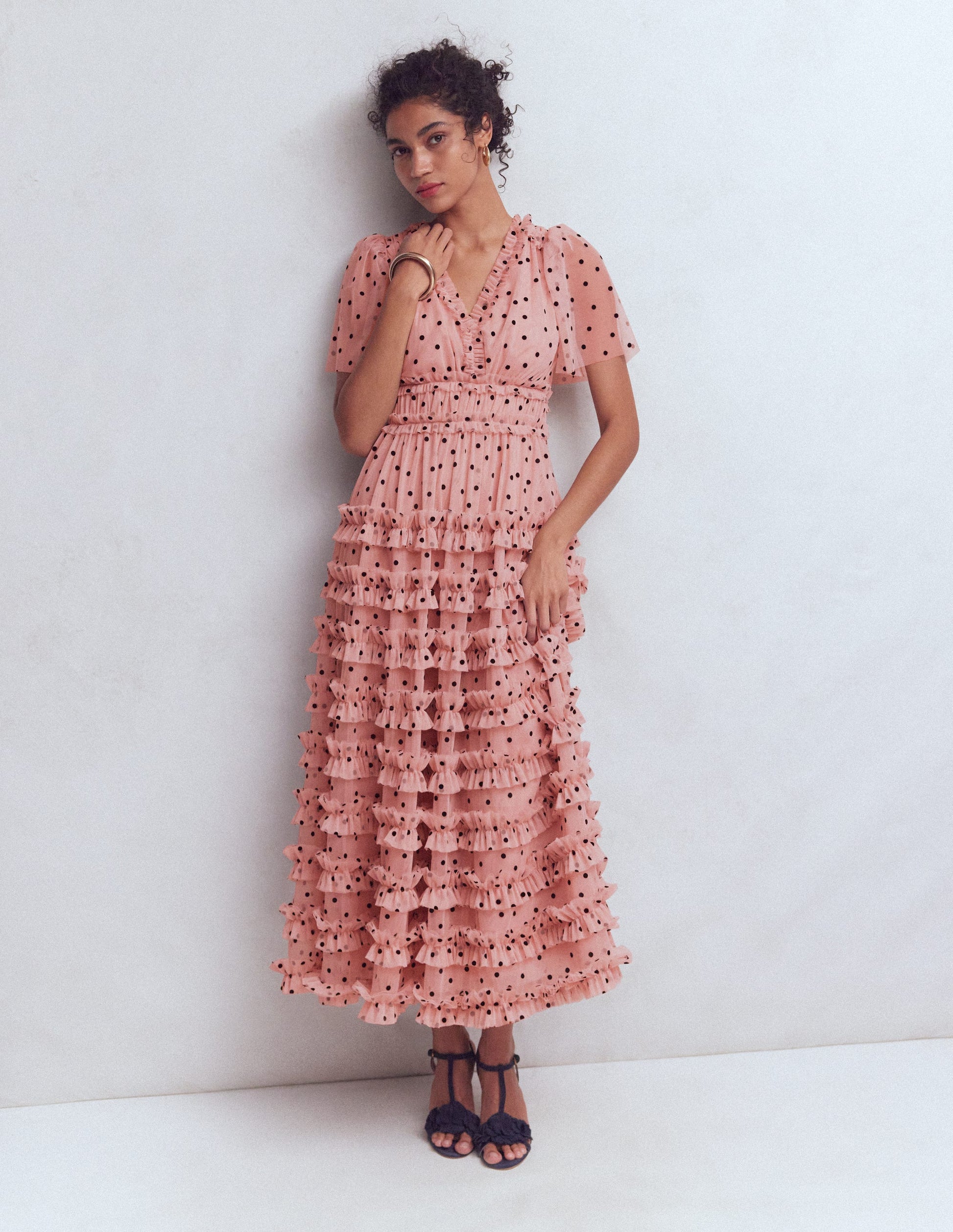 V-Neck Ruffle Tulle Dress-Pale Pink and Black Spot-4