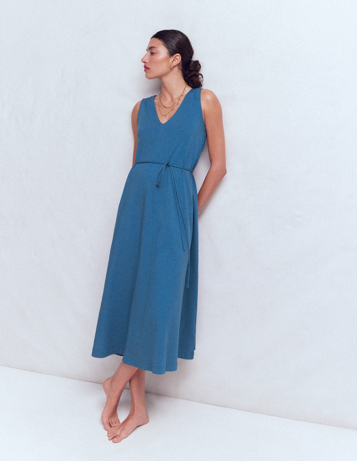 Mia V-neck Jersey Midi Dress-Tourmaline Blue