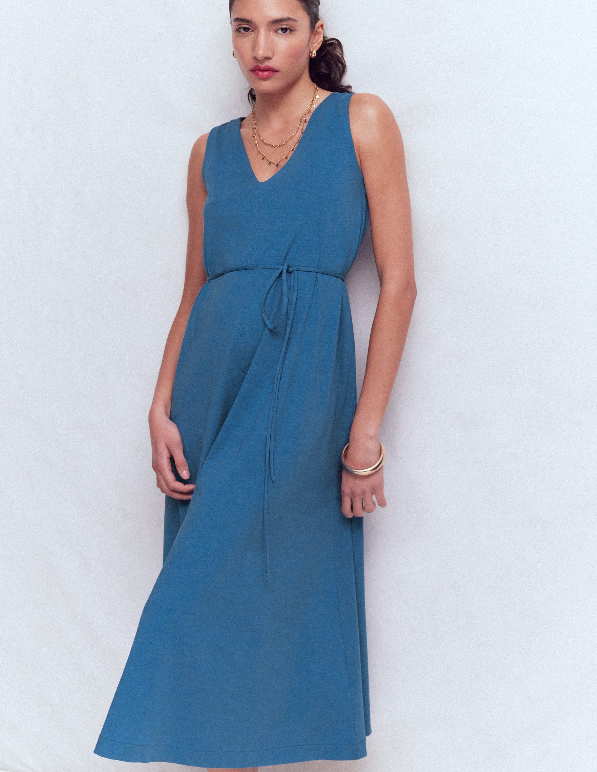 knee length dark blue dress Navy Blue Cotton Flax Knee Length Princess Line Dress 48