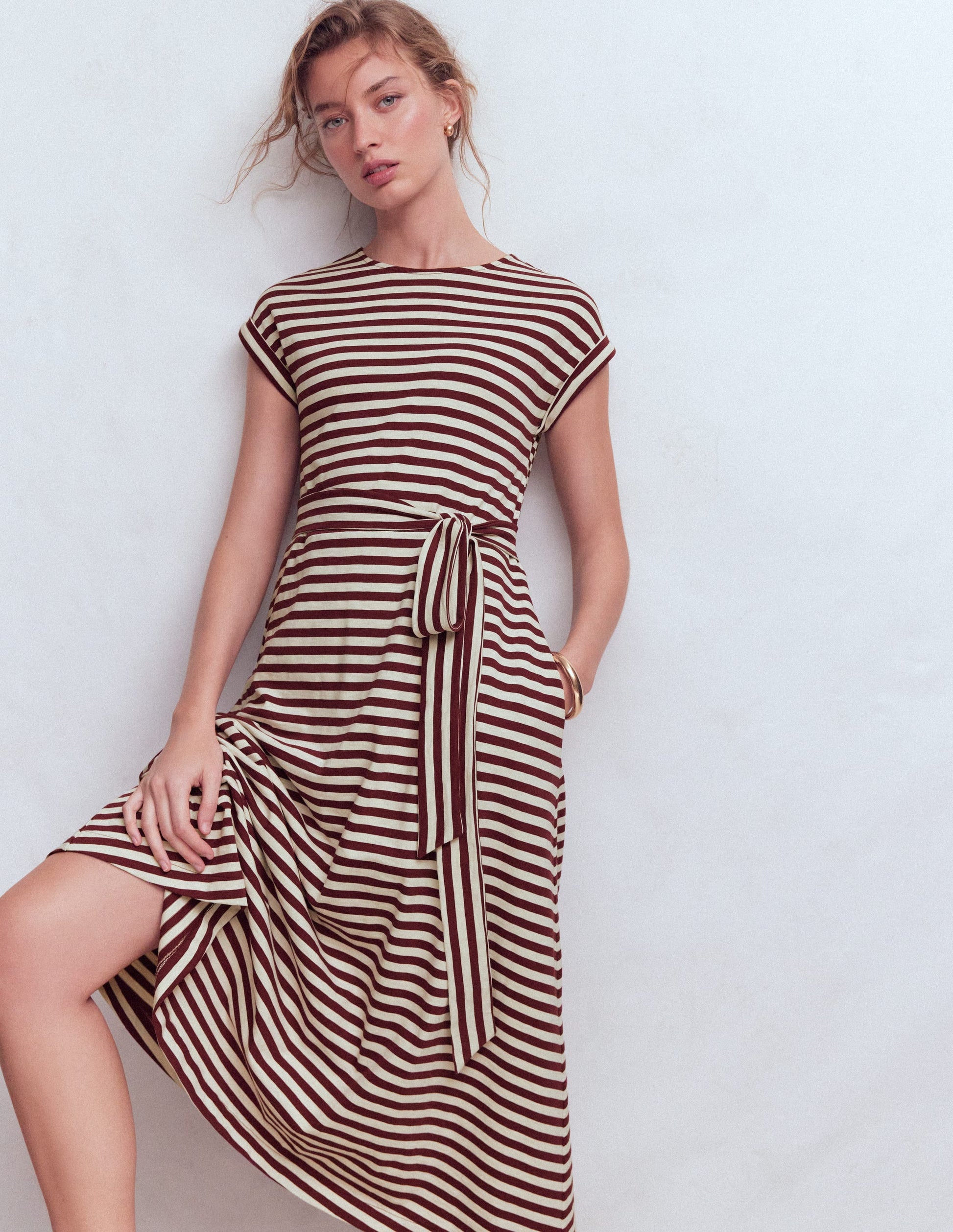 Eve Jersey Midi Dress-Deep Wisteria, Ivory Stripe | Boden USA Eve Jersey Midi Dress-Deep Wisteria, Ivory Stripe | Boden USA