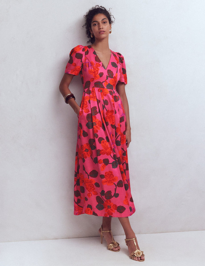Pleat V-neck Dress-Pink, Elaborate Blossom