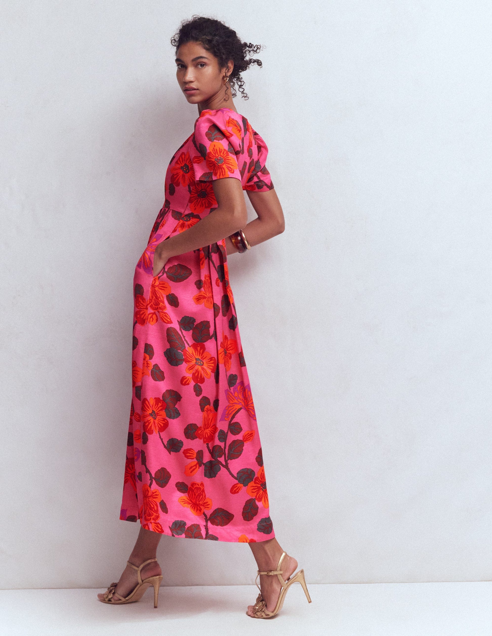 Pleat V-neck Dress-Pink Floral-3