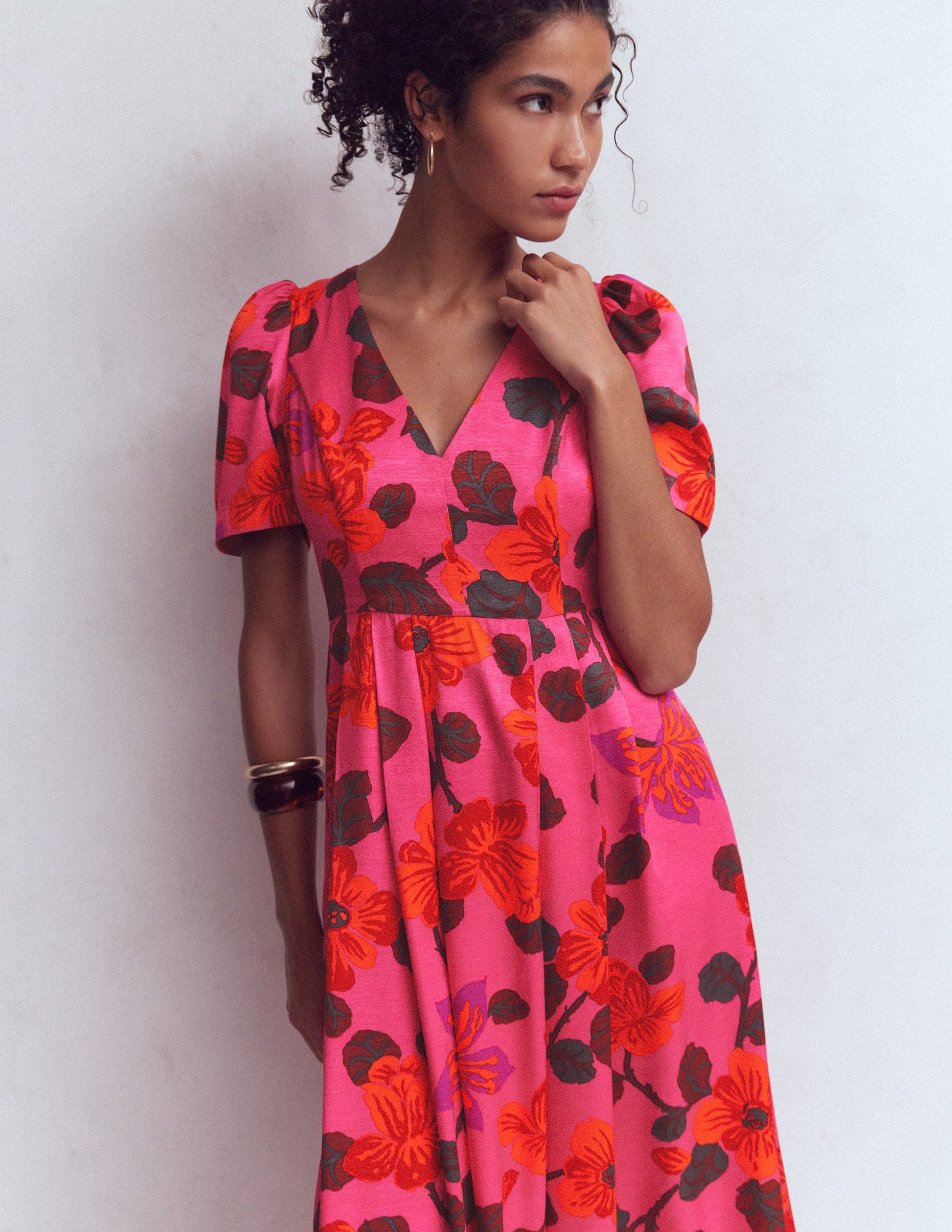 Pleat V-neck Dress-Pink Floral-5