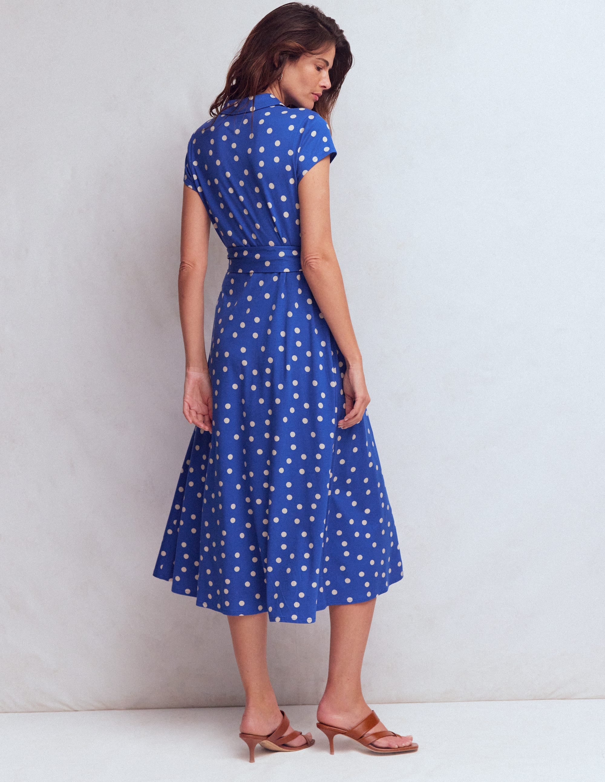Marcia Jersey Shirt Dress-Bright Blue, Painted Dot - Image 3