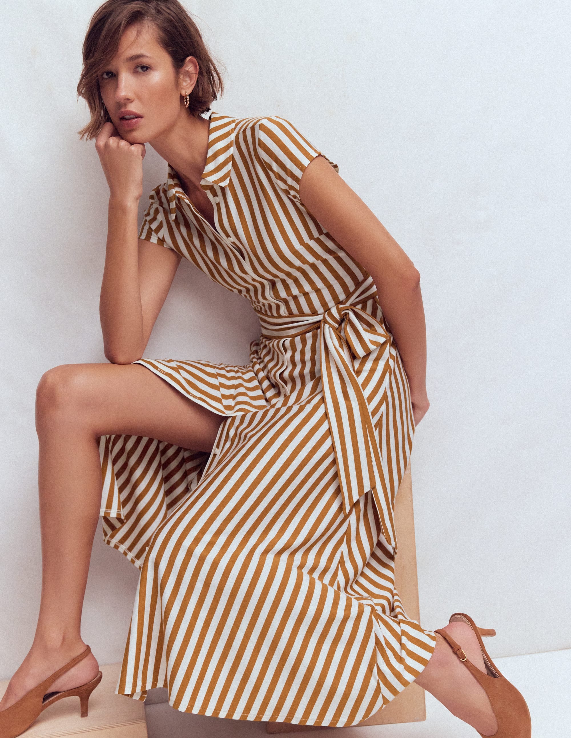 Marcia Jersey Shirt Dress-Cognac and Ivory Stripe - Image 1